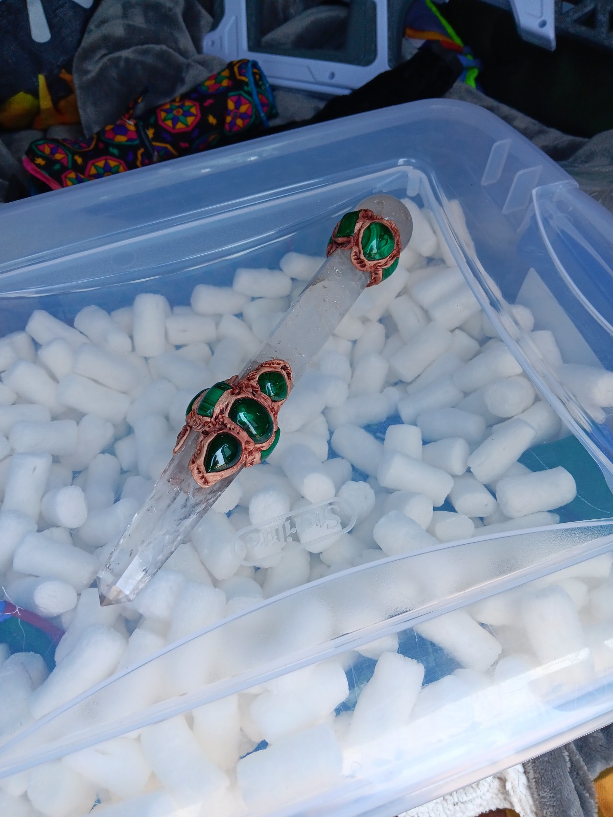 Quartz and malachite crystal wand