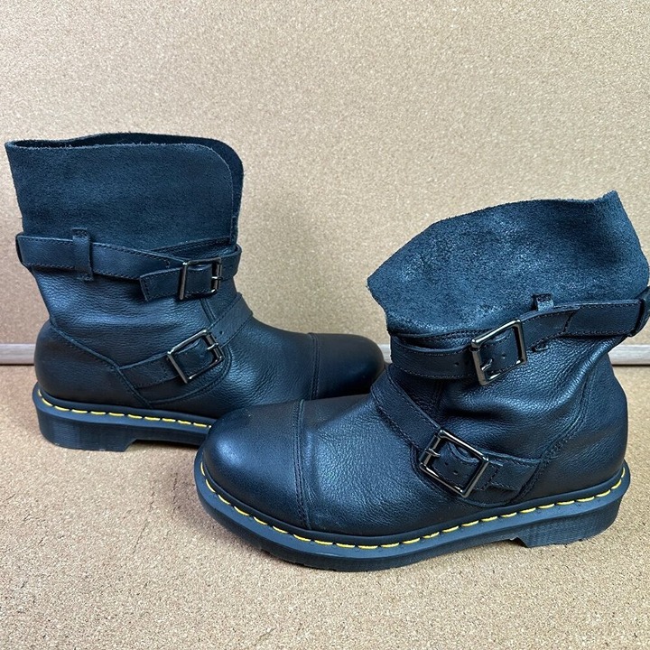 Dr Martens Kristy Black Leather Moto Buckle Slouch Mid Boot in Womens Size 8