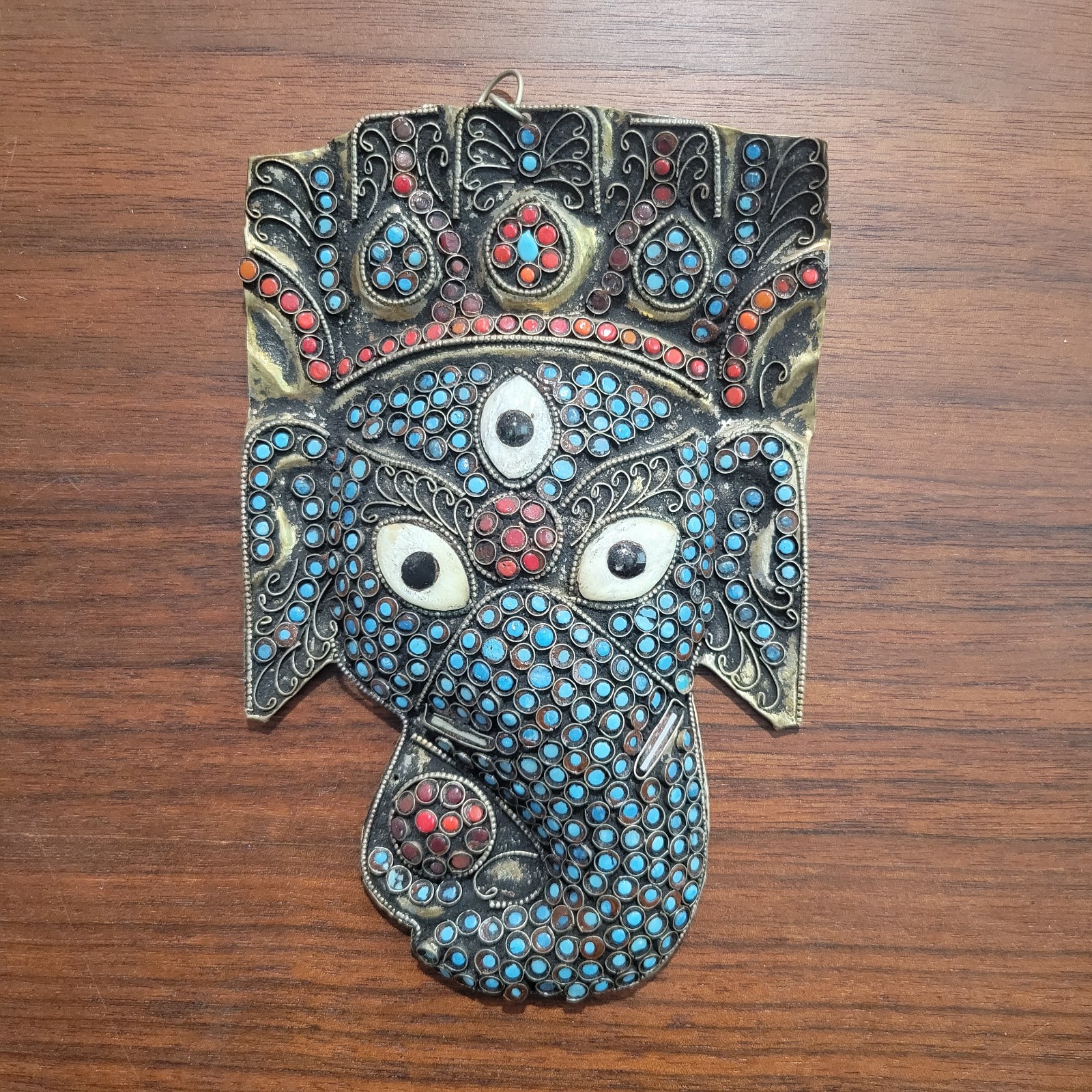 Vintage Brass Ganesha Inlay Coral and Turquoise 7 