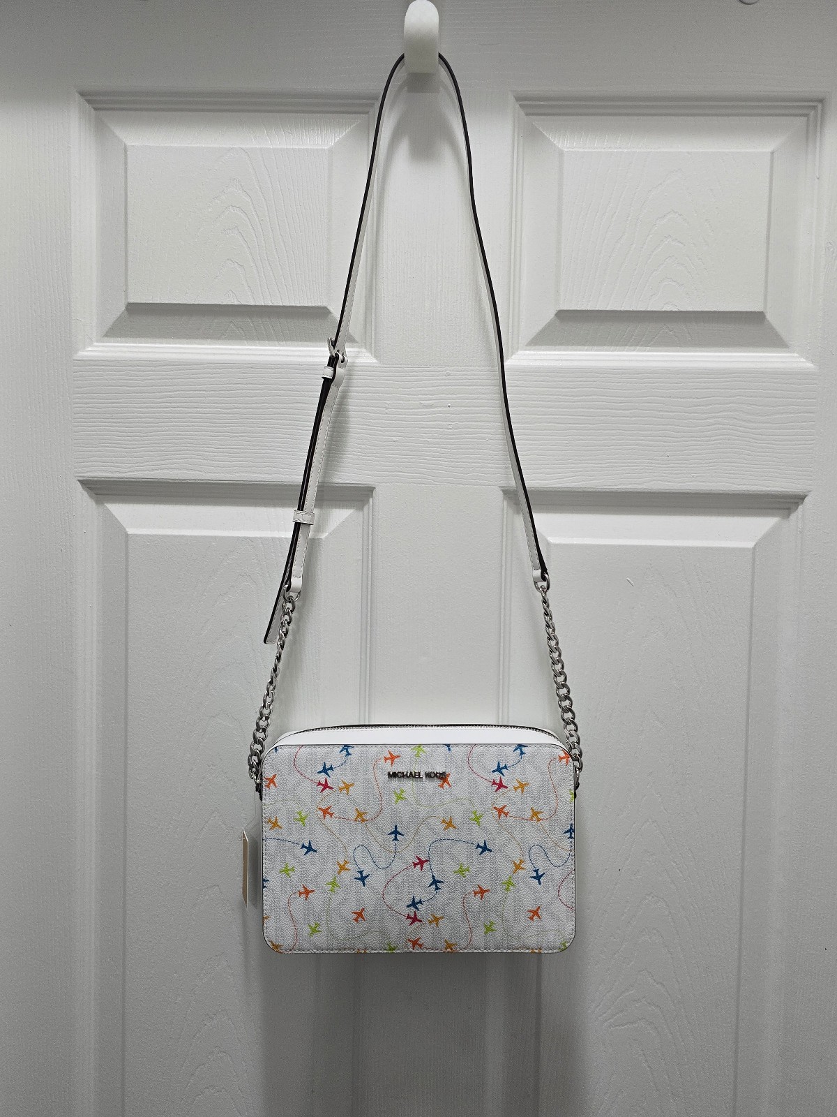 Michael Kors White Jet Set Airplanes Crossbody Bag