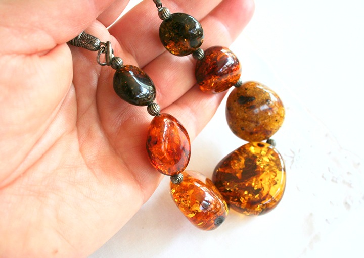 Amber bead necklace reconstituted rustic graduated faux leather handmade collar