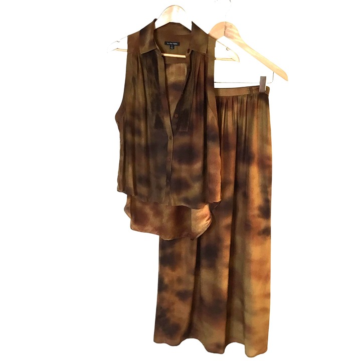 LA FÉE VERTE Women Silk Tie-Dye Set Sleeveless Top Wide Leg Skirt Coastal Boho S