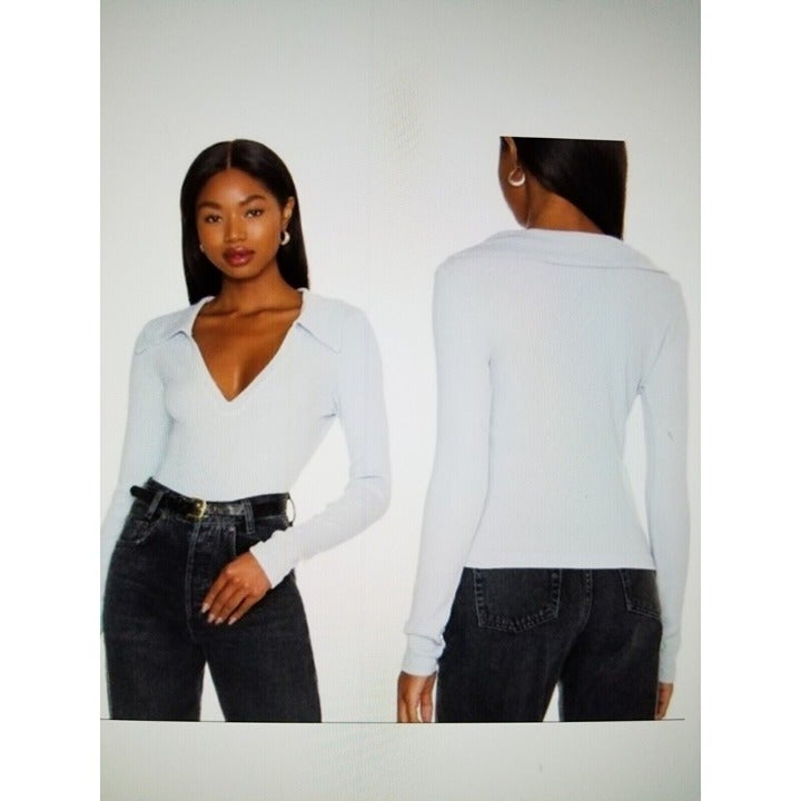 CITIZENS OF HUMANITY CAMERON V NECK LONG SLEEVE POLO TOP CLOUD DUST BLUE SZ M