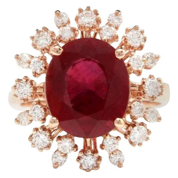 8.20Ct Natural Oval Red Ruby & Diamond Halo Solitaire Ring 14k Rose Gold