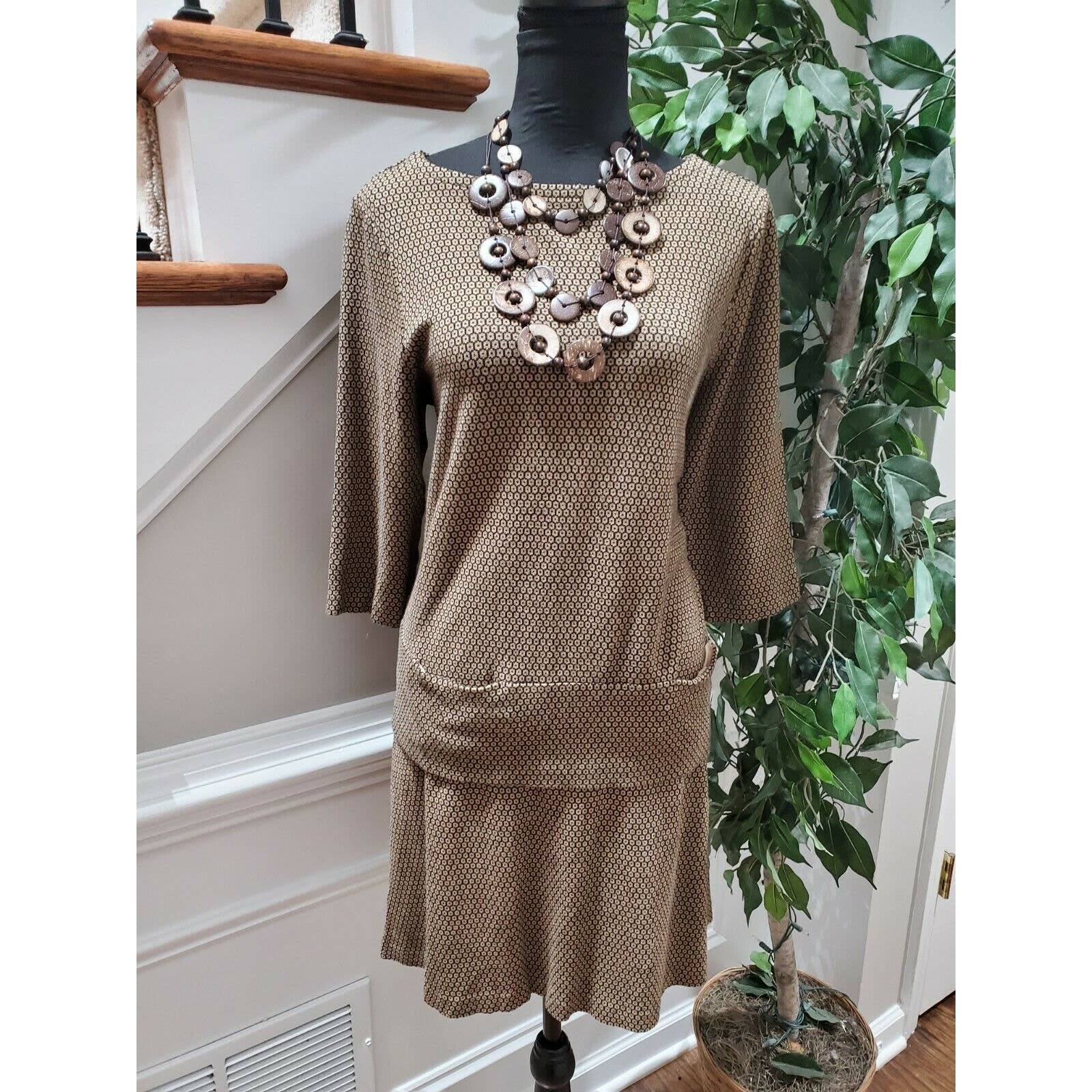 J. Jill Women Beige Polyester Long Sleeve Doted Top Shirt & Skirt 2 Piece Suit M