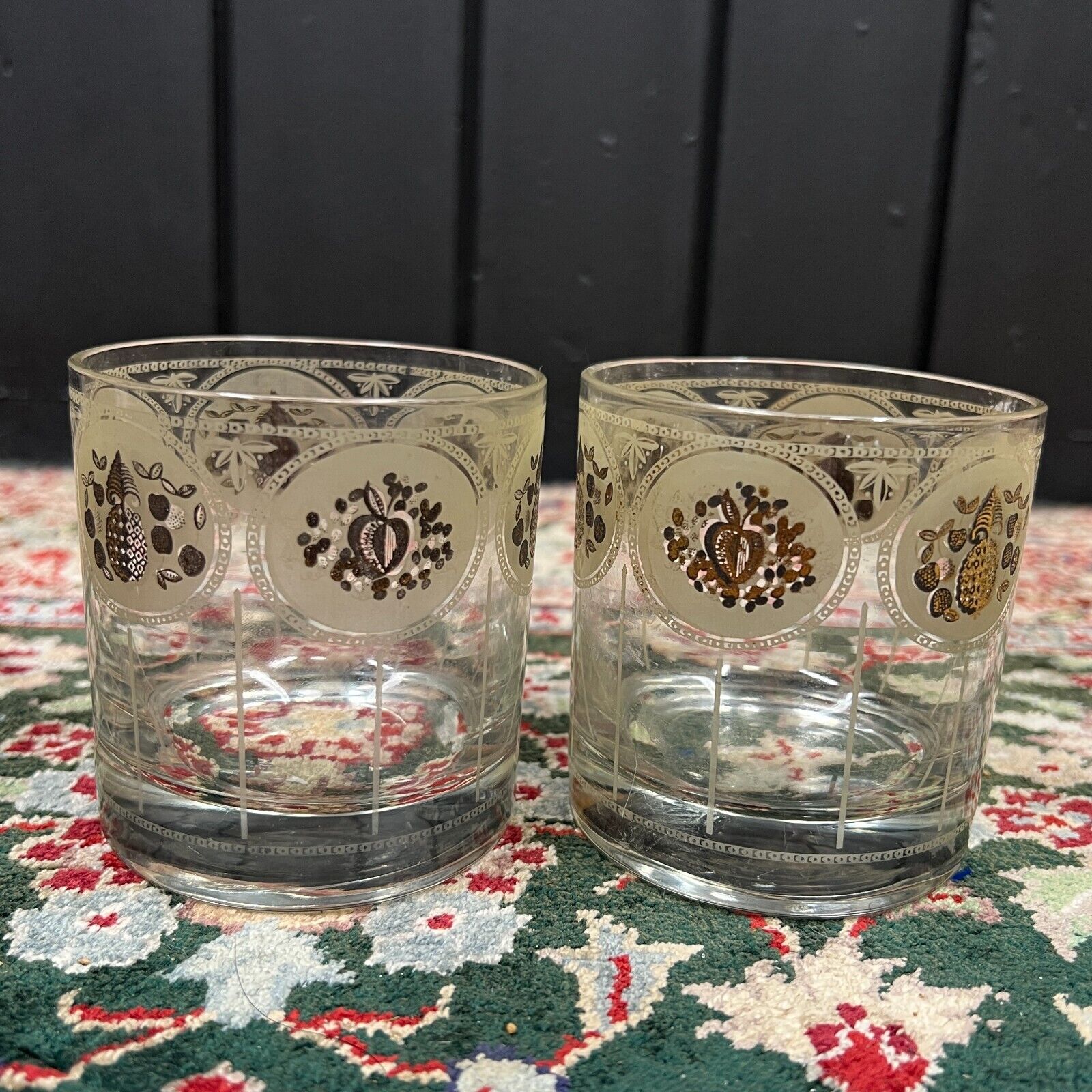 Vintage MCM Gold Fruit Detail Cera Glass Old Fashioned Whiskey Glasses X2