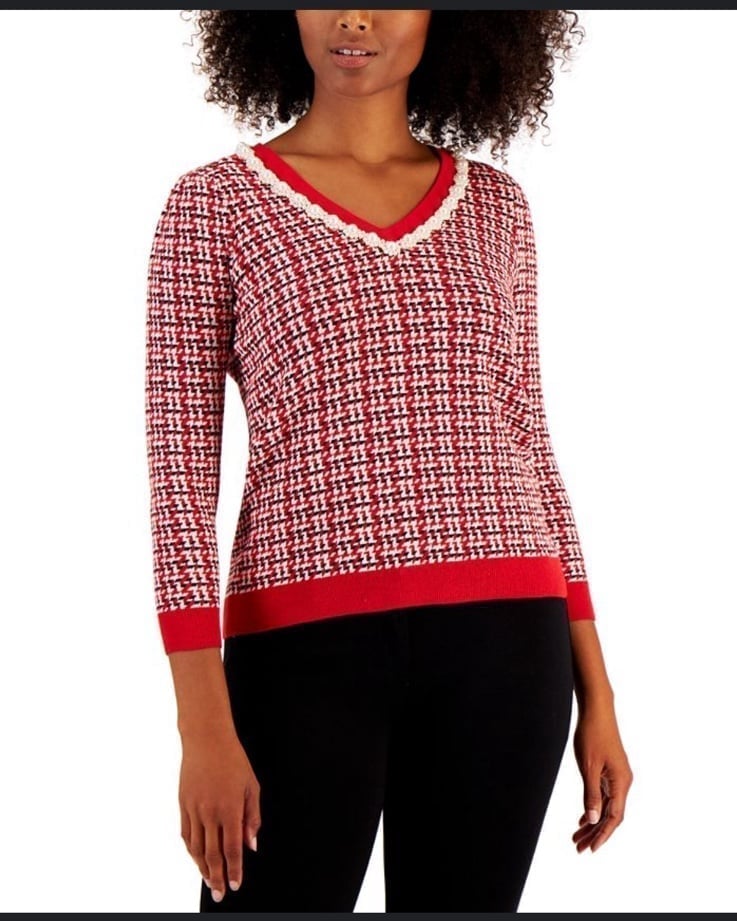 Charter Club Pearl Embellished Neckline V neck Sweater Xll