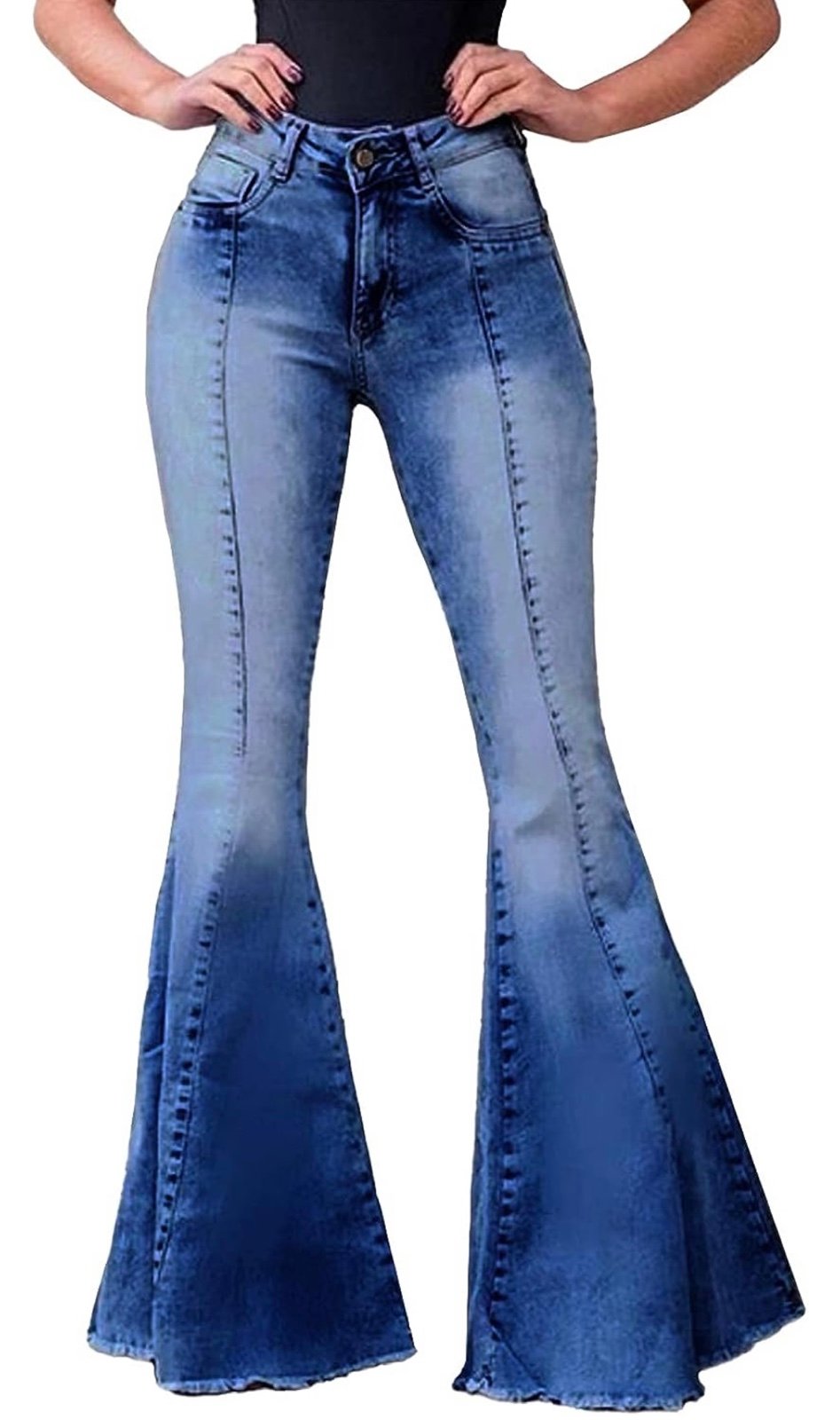 Anna-Kaci Women's Elastic Waist Flared Jeans Destroyed Raw Hem Bell Bot