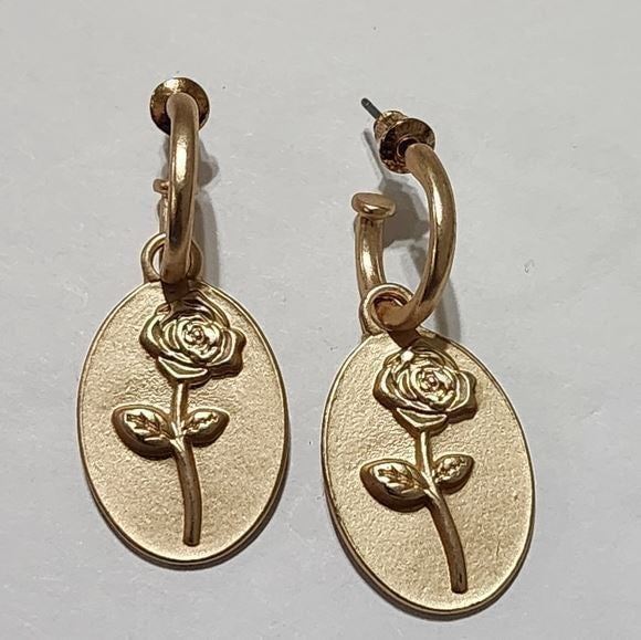 Lucky brand brushed gold tone rose post dangle earrings