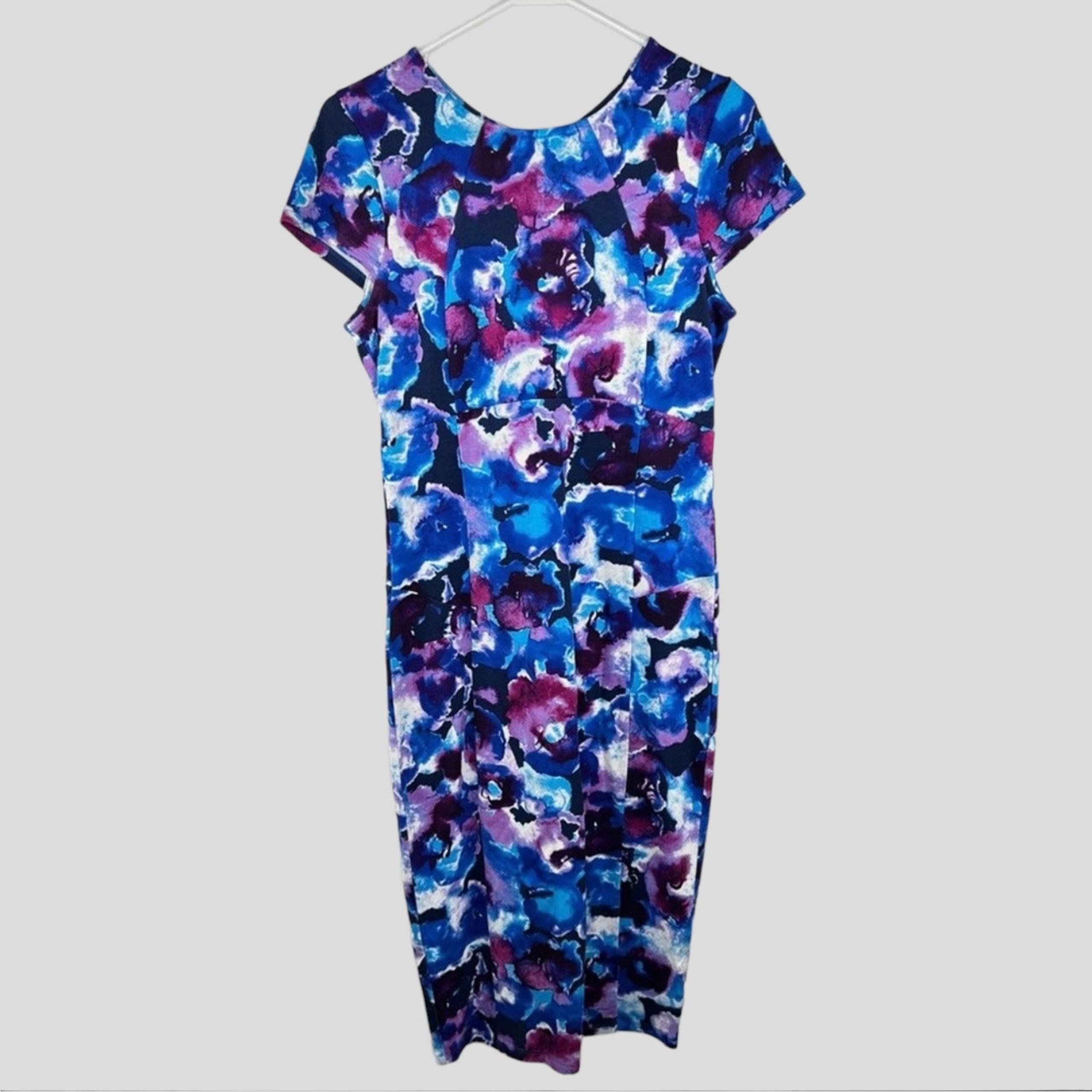 Felicity & Coco Watercolor Bodycon Midi Dress Womens Size L Blue, Purple + White