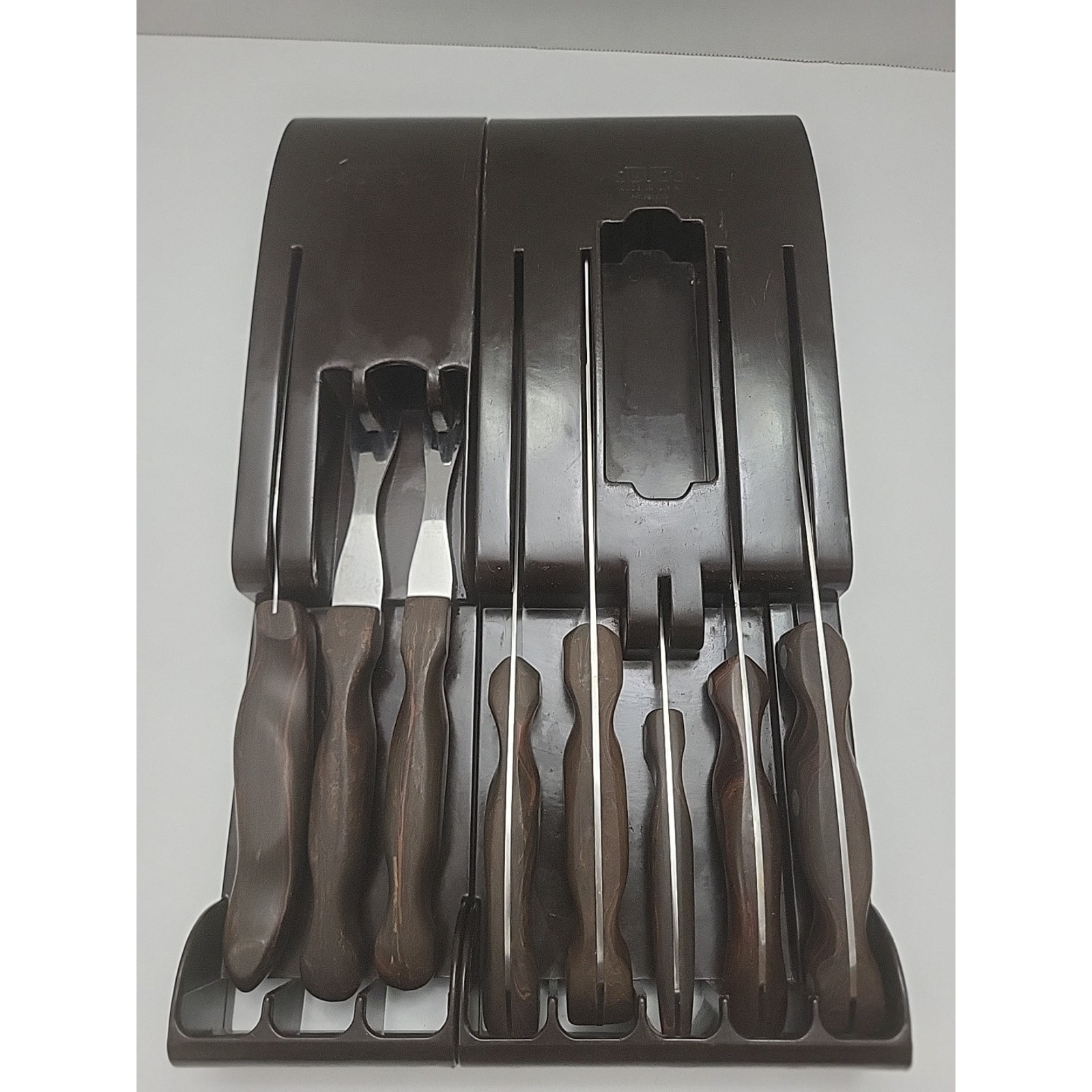 Vintage CUTCO 8 Piece Knife Set Wall Mounts Bakelite, Brown Handles