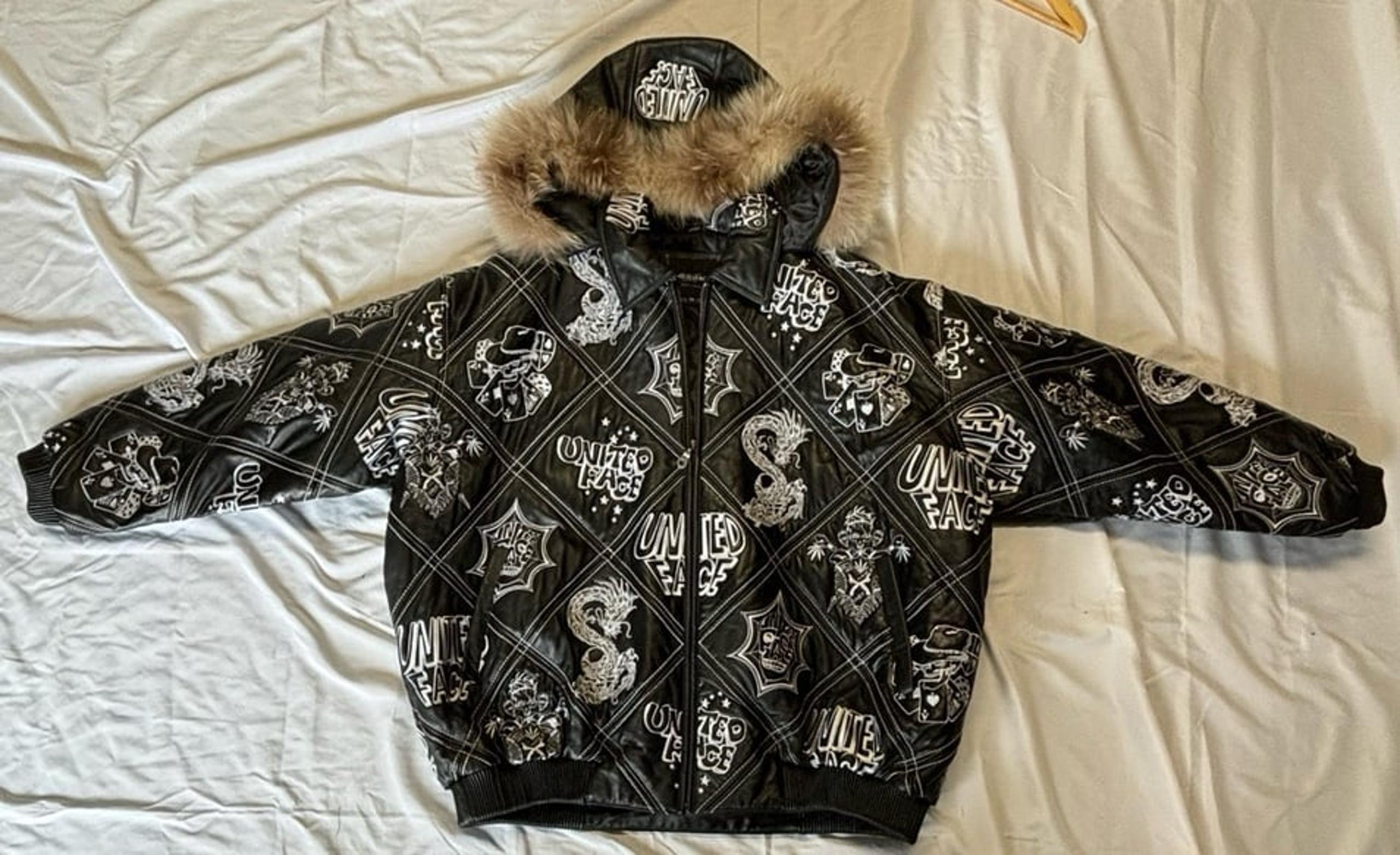 UNITED FACE Leather Mens Embroidered Hooded Bomber Jacket Sz 5XL Very Rare