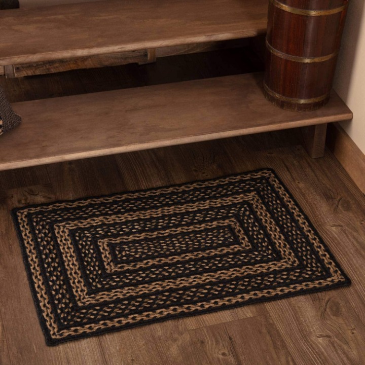 Jute Rectangular Rug 20x30 Country Braided Flooring Decor, Black and Tan