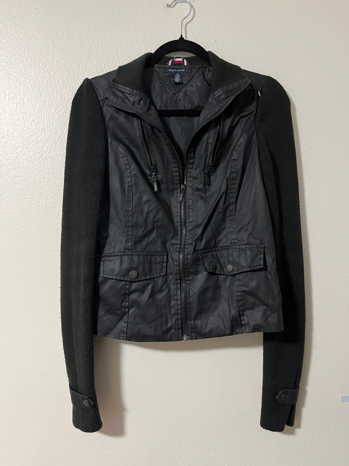 Tommy Hilfiger Women's Black Faux Leather Zip Up Jacket Size XS details