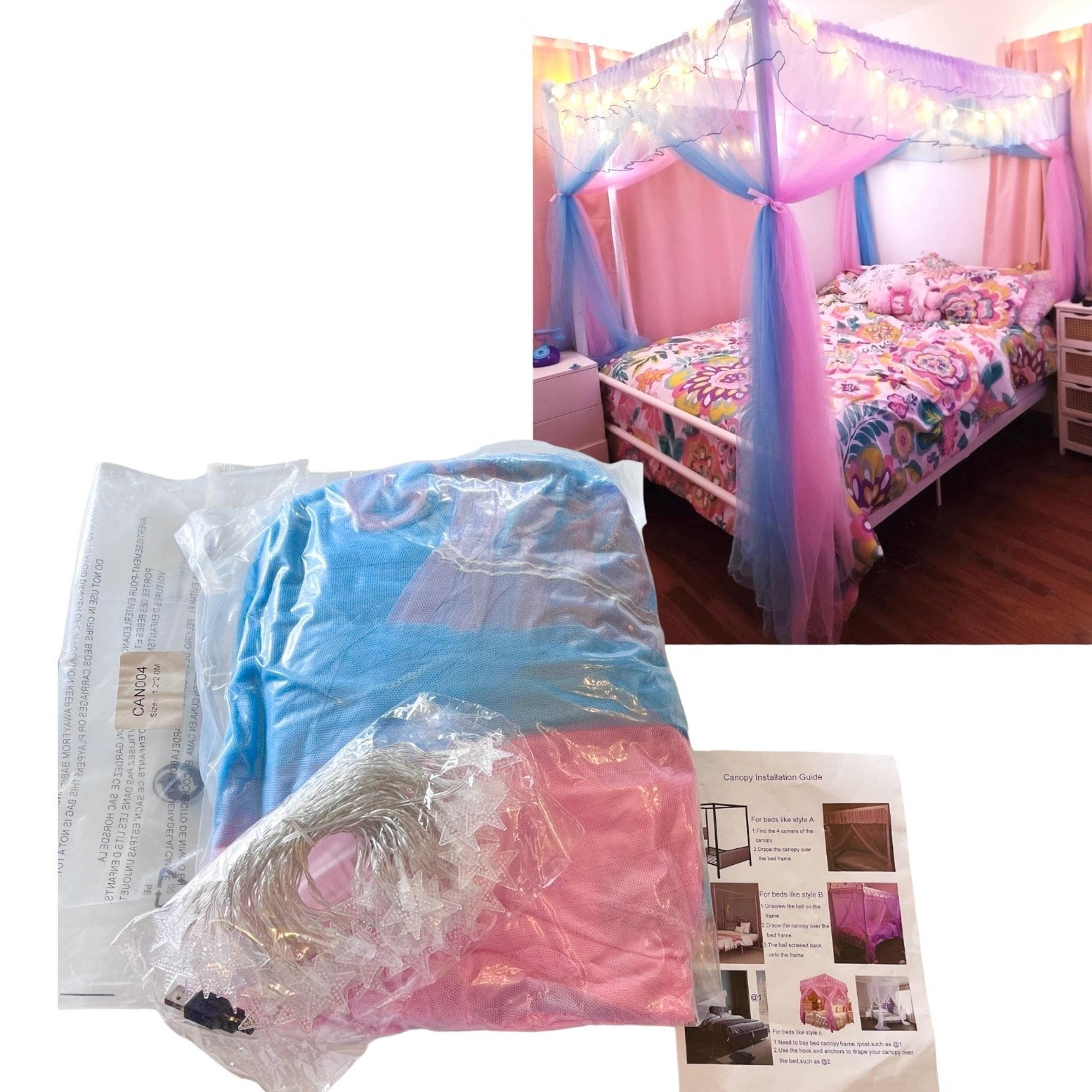 NEW Mengersi Rainbow Canopy Bed Curtains + Lights Twin XL Girls Princess Drapes