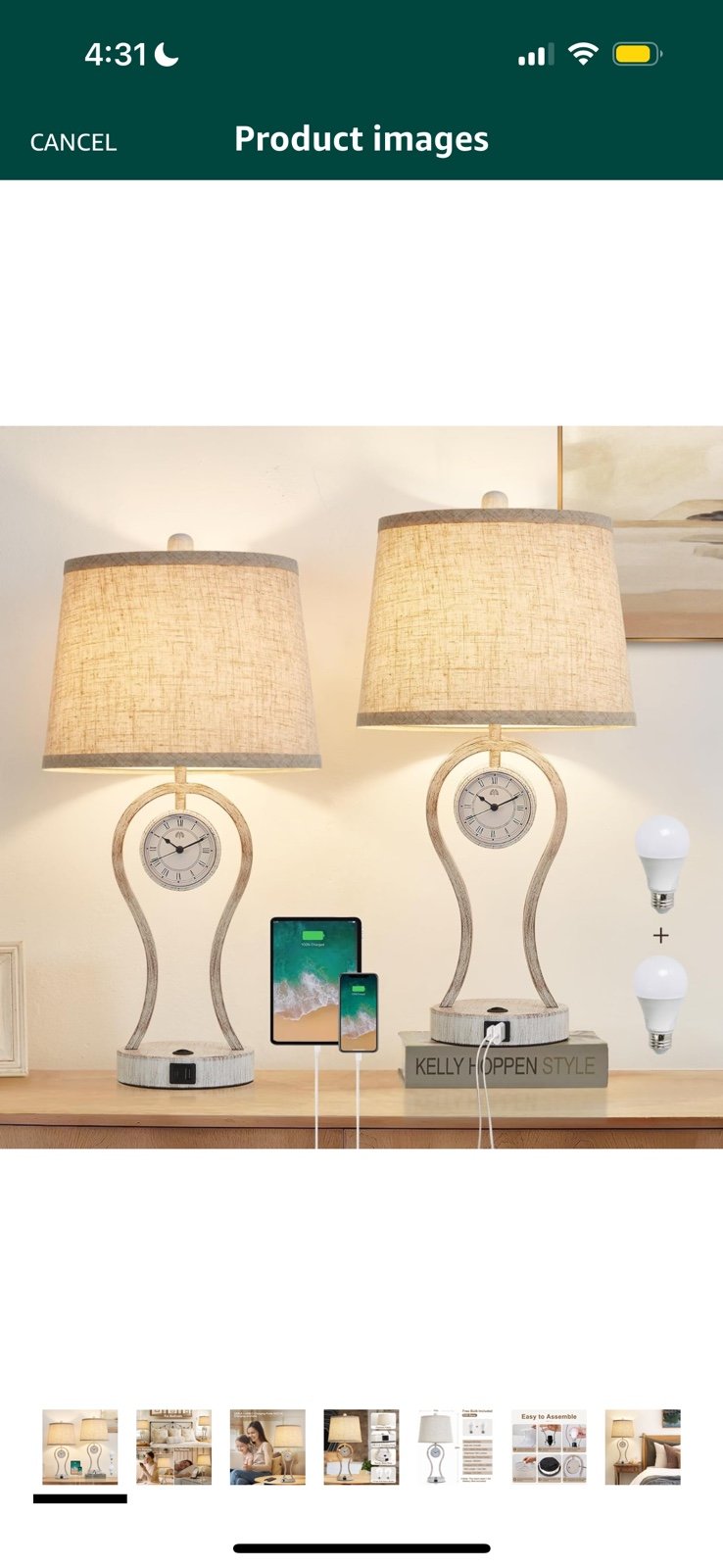 Table Lamp set of 2 with Functioning Clock, USB C+A Ports Farmhouse Table Lamps