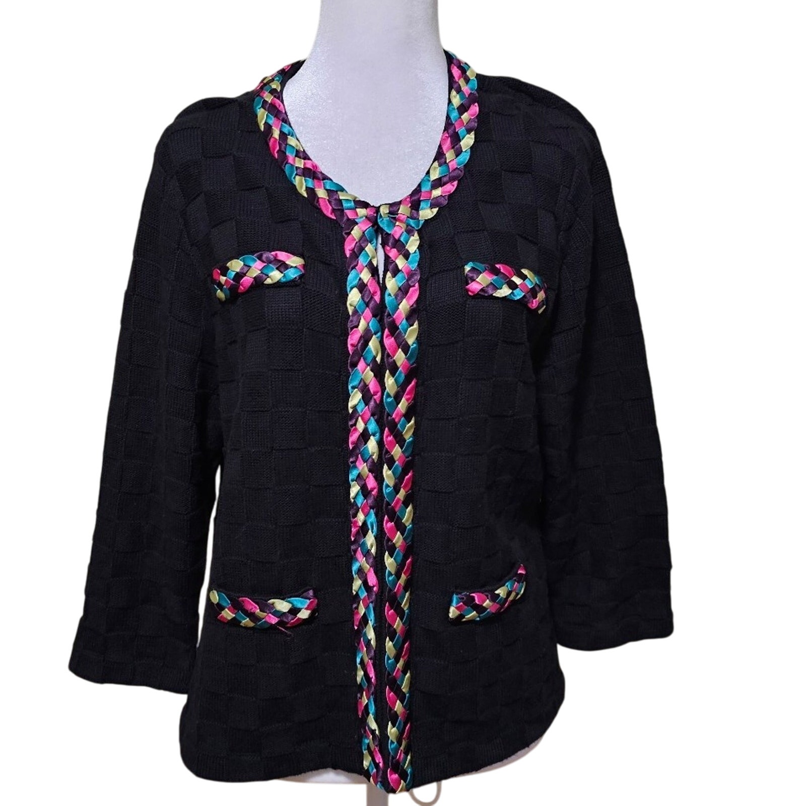 Michael Simon Cardigan Sweater Womens Size XL Rainbow Braid Trim Cotton Cashmere