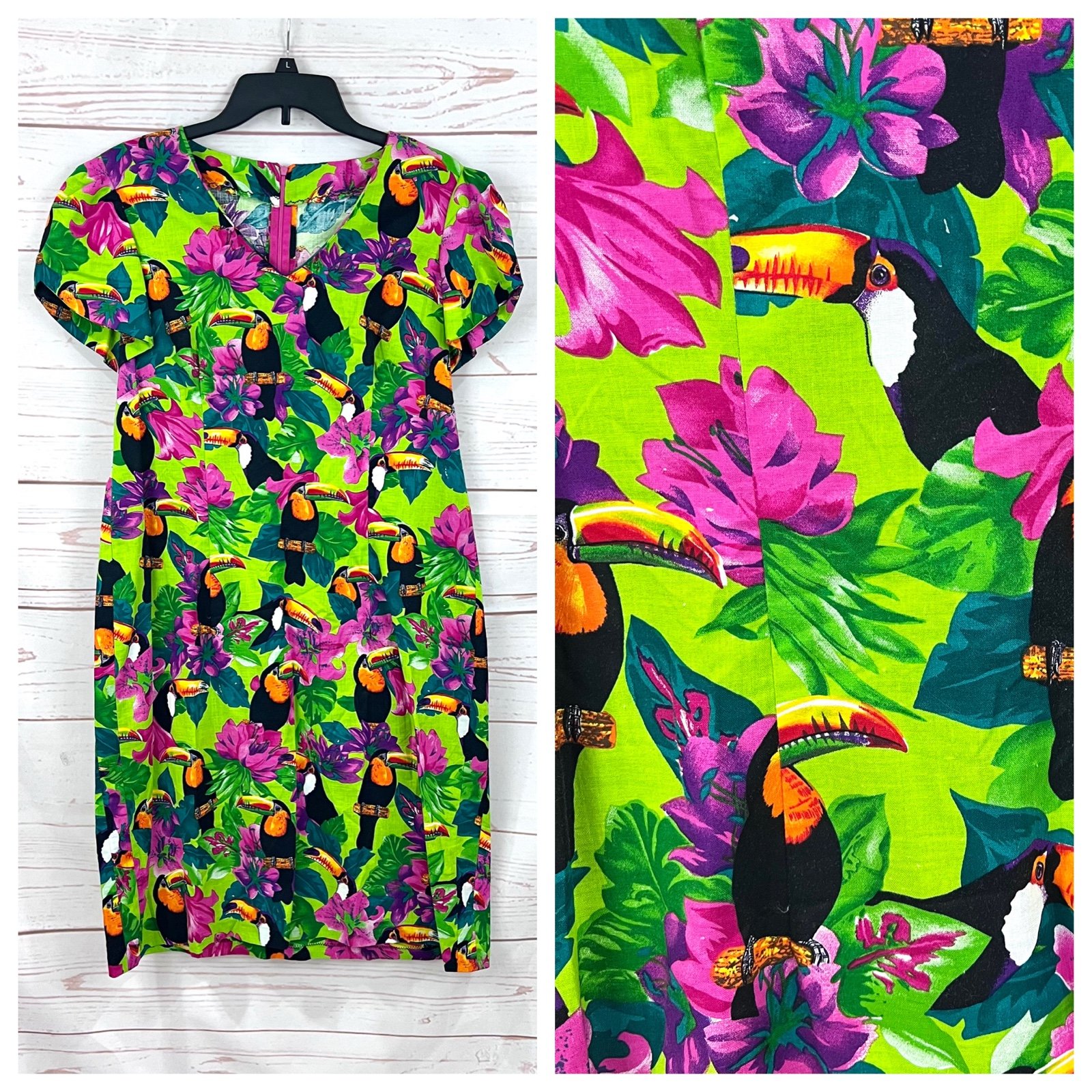 Vintage Handmade Neon Tropical Hawaiian Floral Toucan Bird Cotton Mumu Dress
