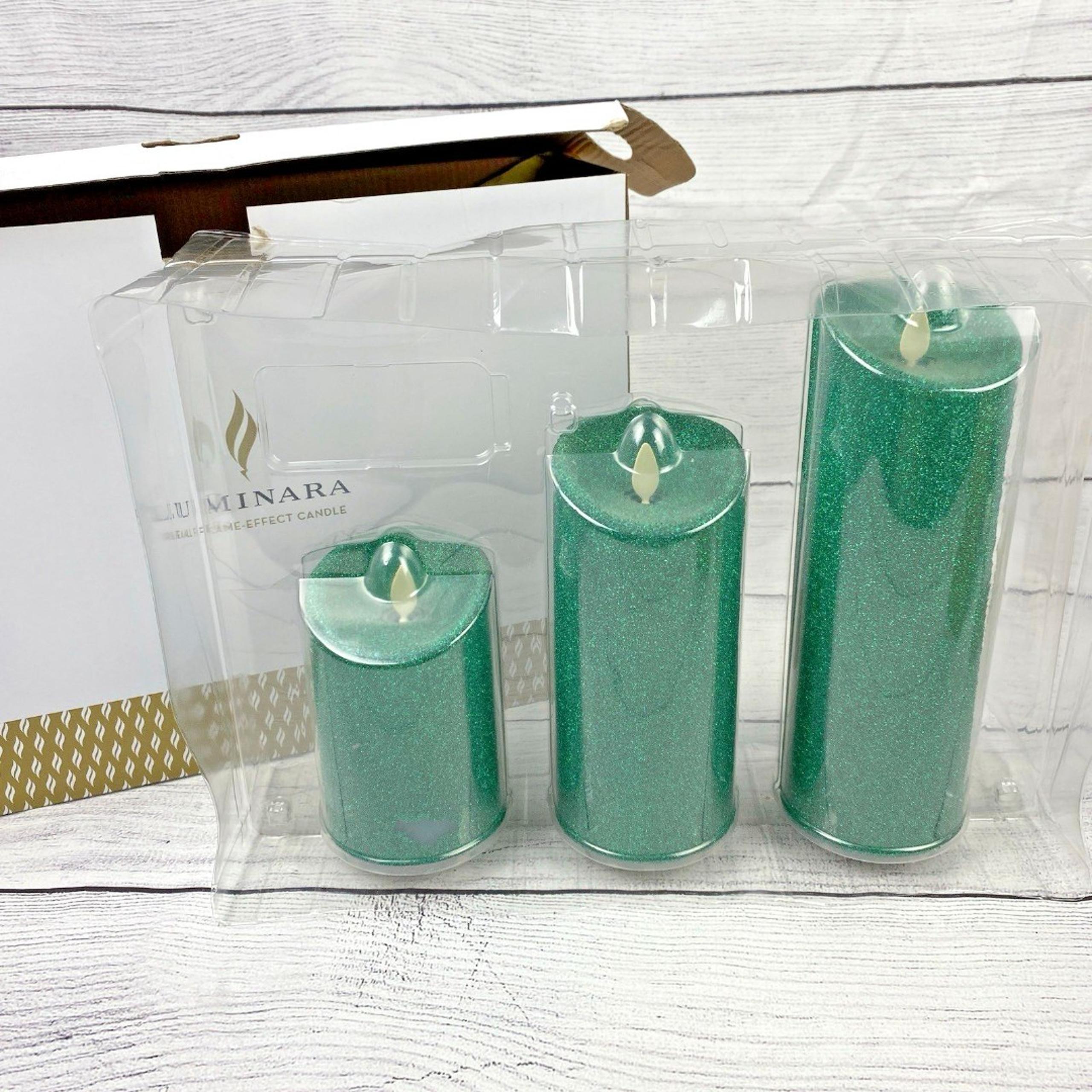 Luminara QVC Set 3 Green Glitter Flameless Pillar Candles 4.5 6.5 8.5" NO Remote