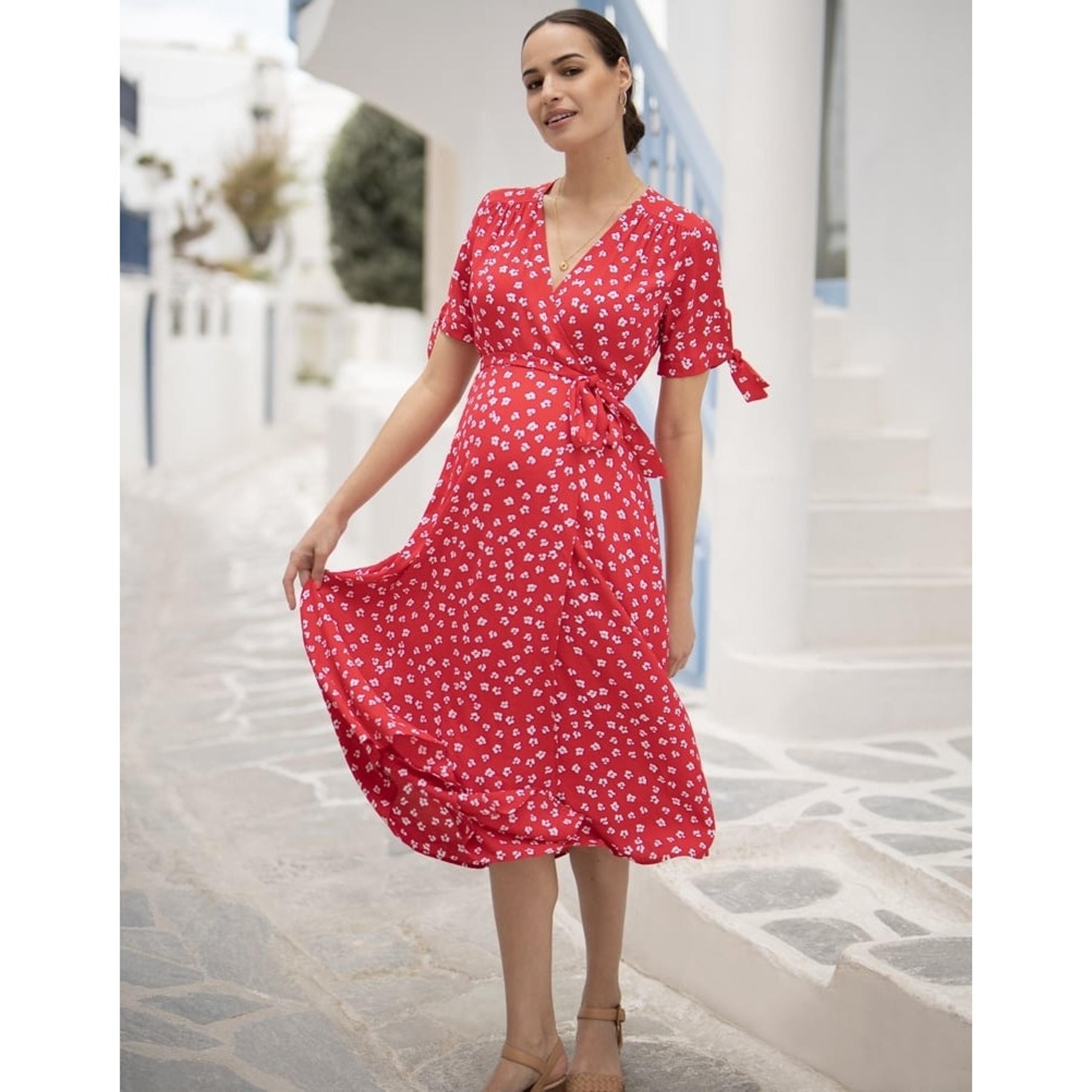 Seraphine Women's Soft Woven Classic Wrap Midi Maternity Dress Floral Red Size 6