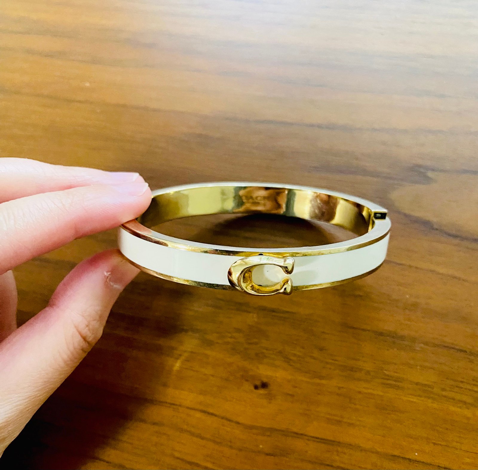 COACH Signature Push Hinged Bangle In Gold/cream Pink Style 128