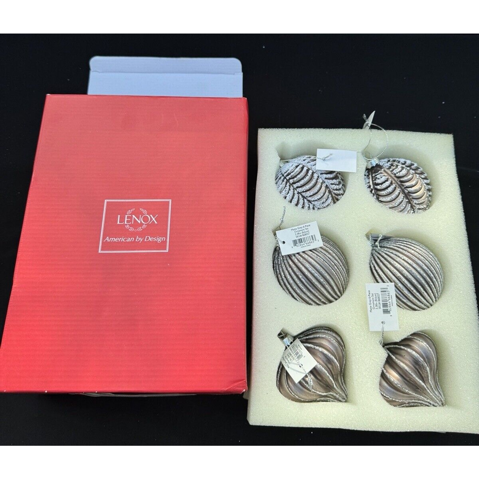Brand New Lenox Matte Grey Glass 6 Piece Ornament Ball Set American by Design