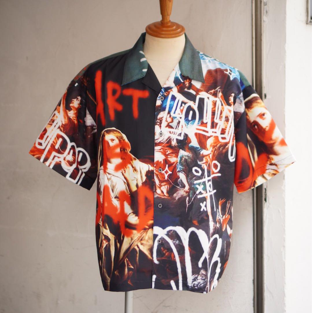 Brand New Y.e(J)ow All-Over Print ART Open Collar Shirt BLACK-L