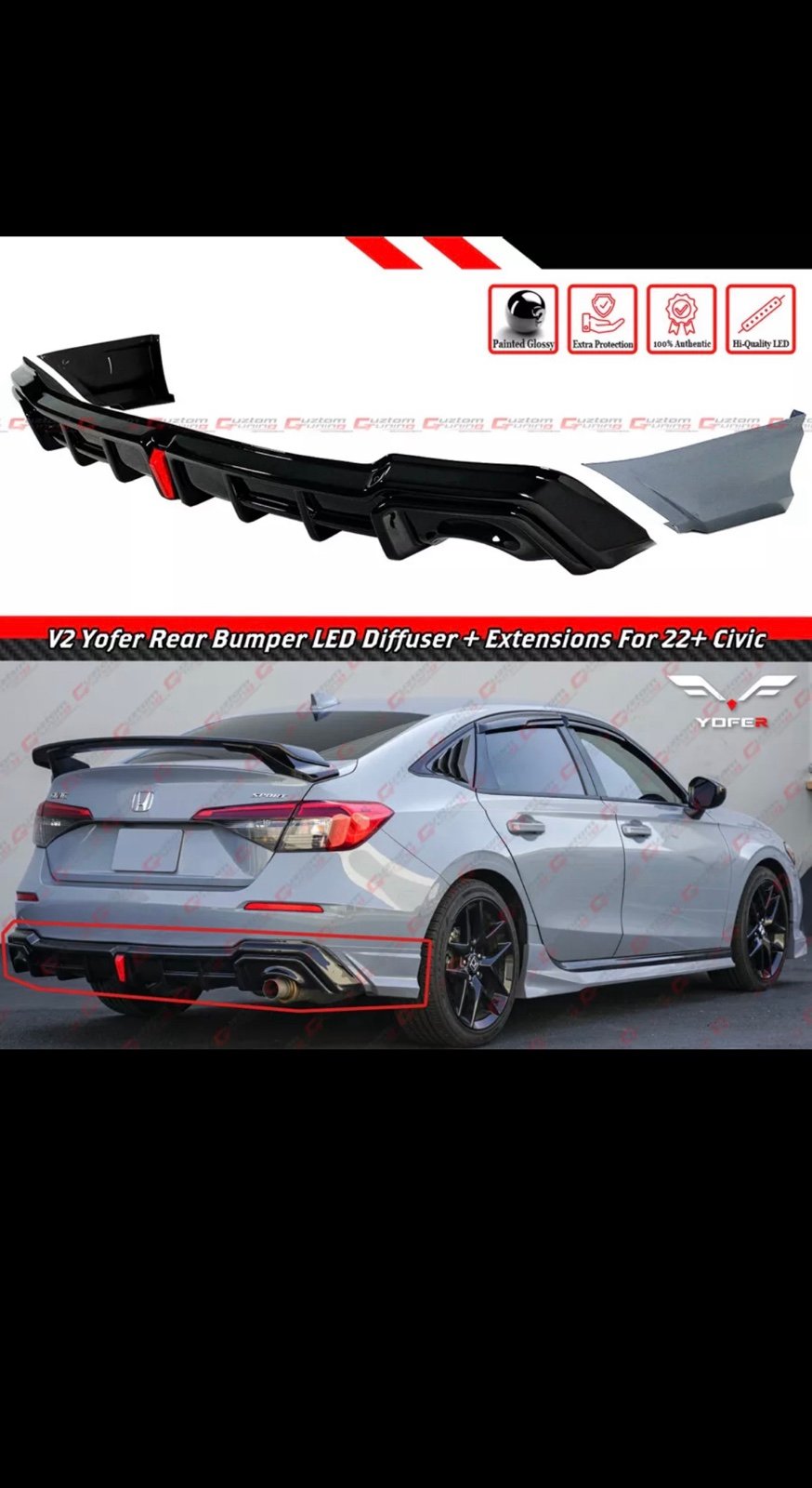 FOR 22-24 HONDA CIVIC SEDAN YOFER V2 SONIC GRAY LED REAR DIFFUSER+ CORNER SPATS