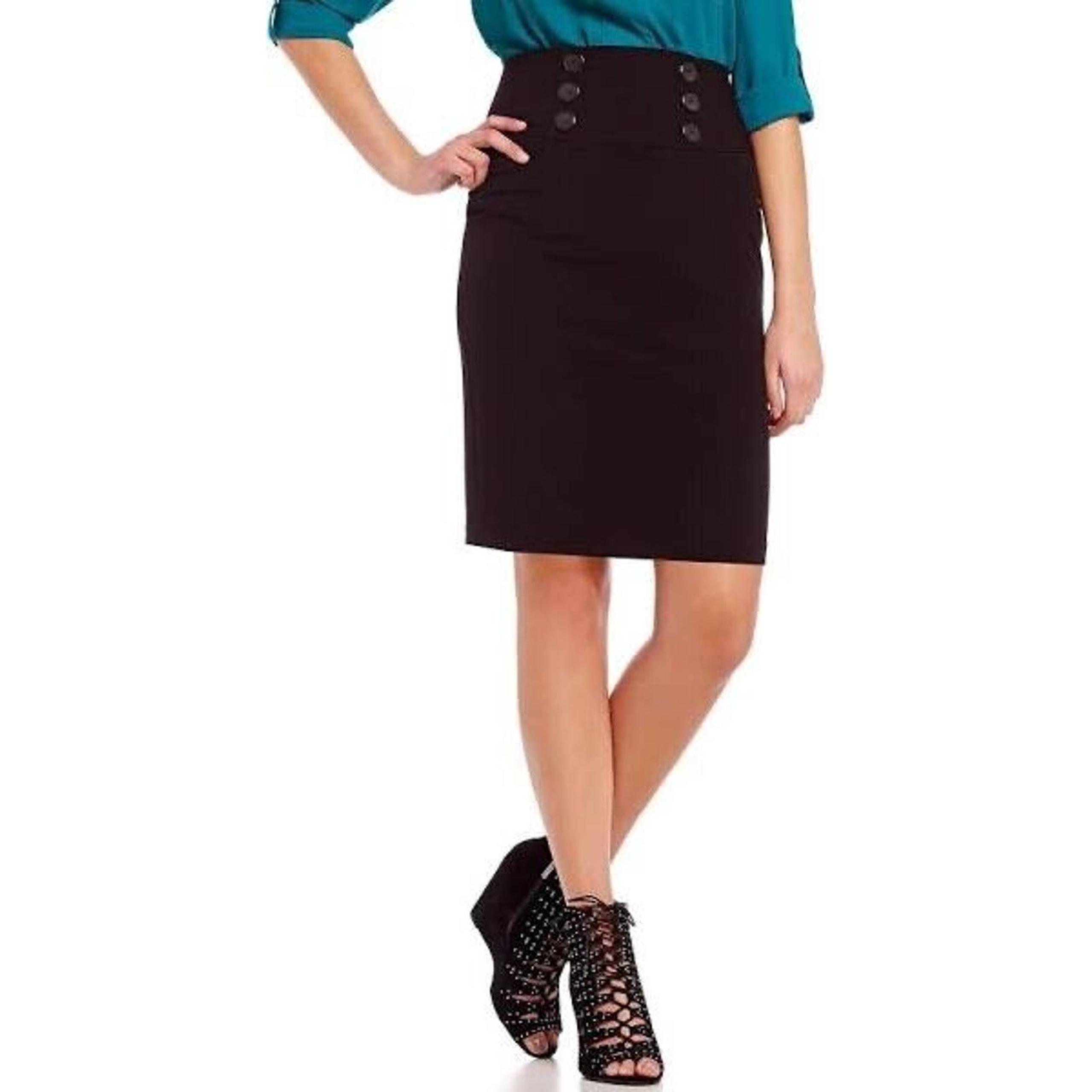 BCX Junior's High Rise Pencil Skirt w/ Button Detail Stretch Size 9 Black