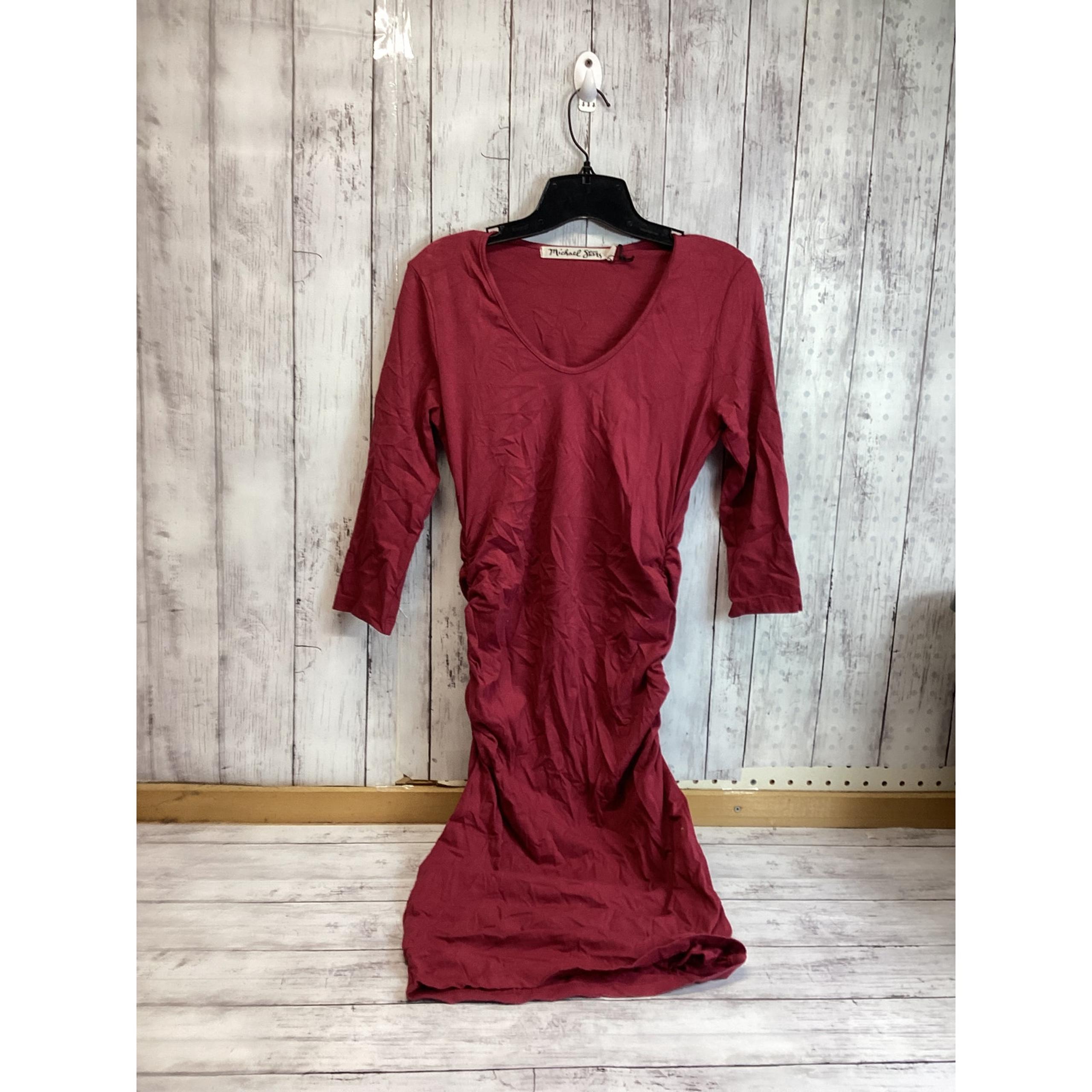 Michael Stars Women Midi Bodycon Dress Size MP Ruby Red Ruched Side 3/4 Sleeve