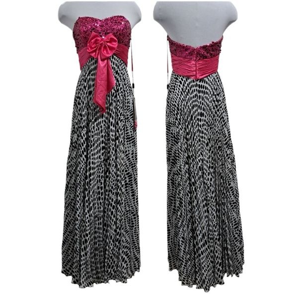 Night Moves Strapless Polka-Dot Formal Maxi Dress Front Bow Tie S 8 Fuschia NWT