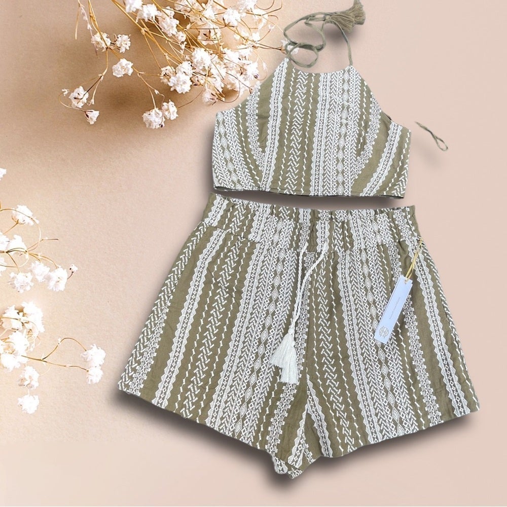 House of Harlow 1960 x Revolve linen embroidered shorts & crop top matching set