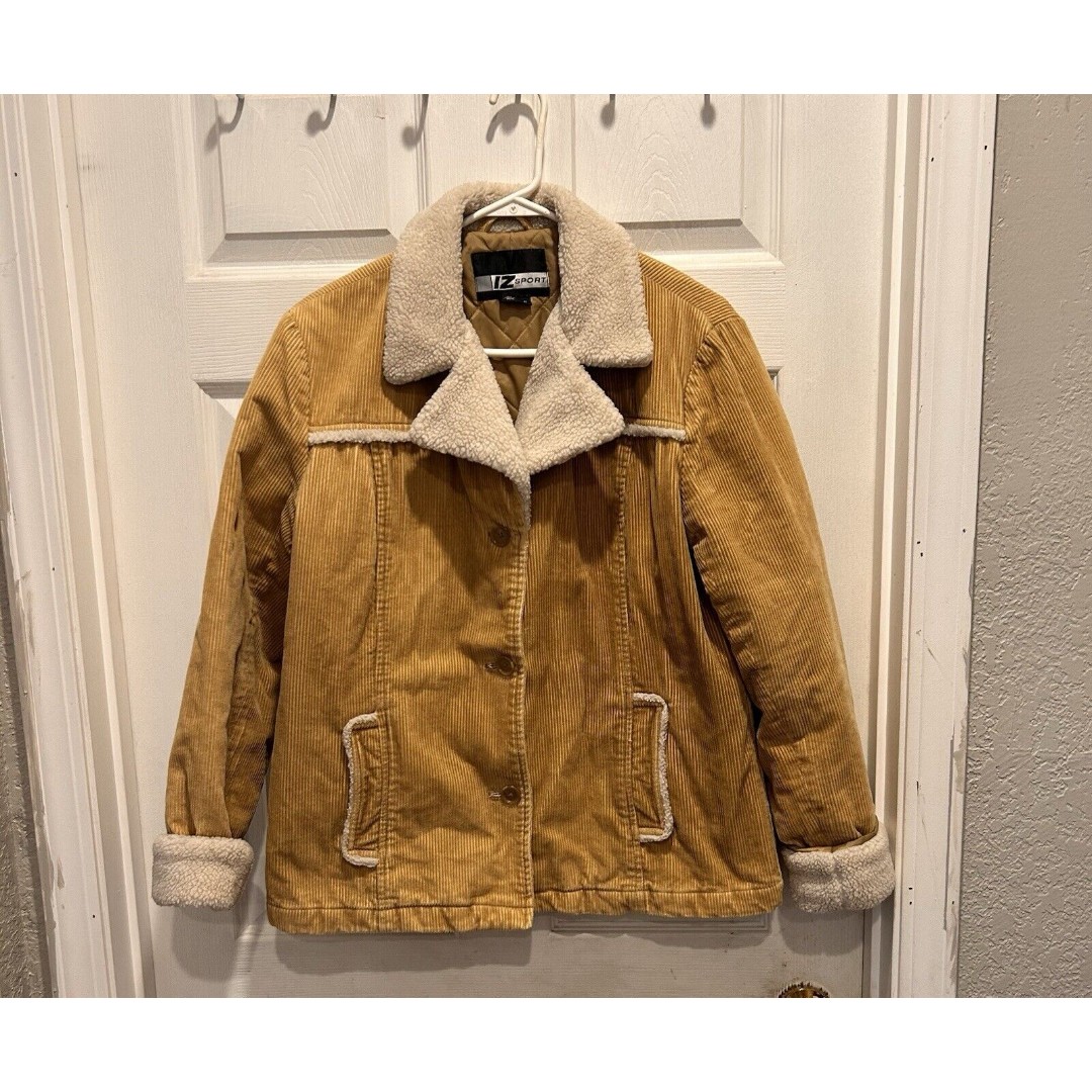 Vintage IZ Sport Tan Corduroy Button Front Sherpa Lined Jacket Women’s Medium