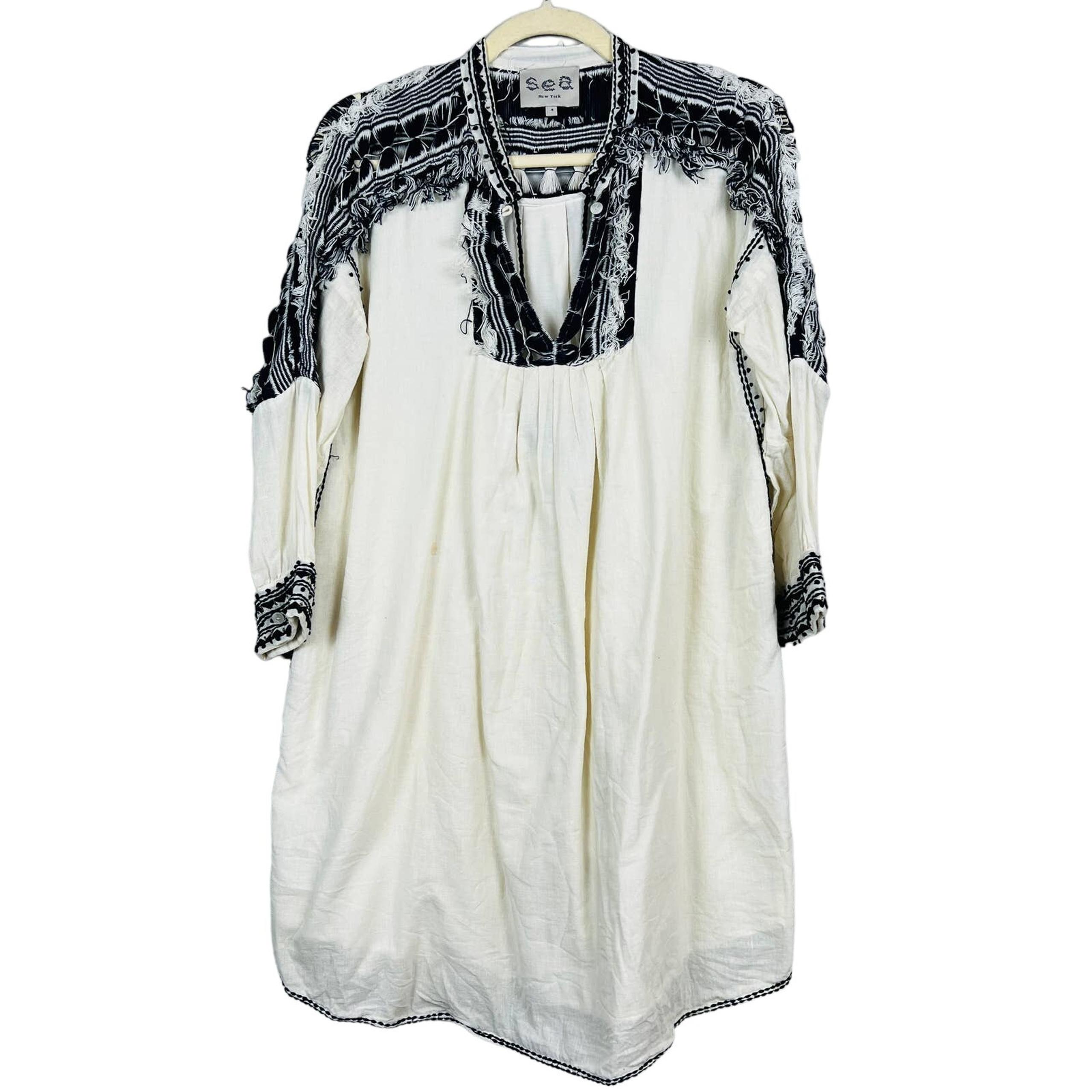 SEA New York Embroidered Knit Mini Dress Fringe Ivory Navy DIY - 4