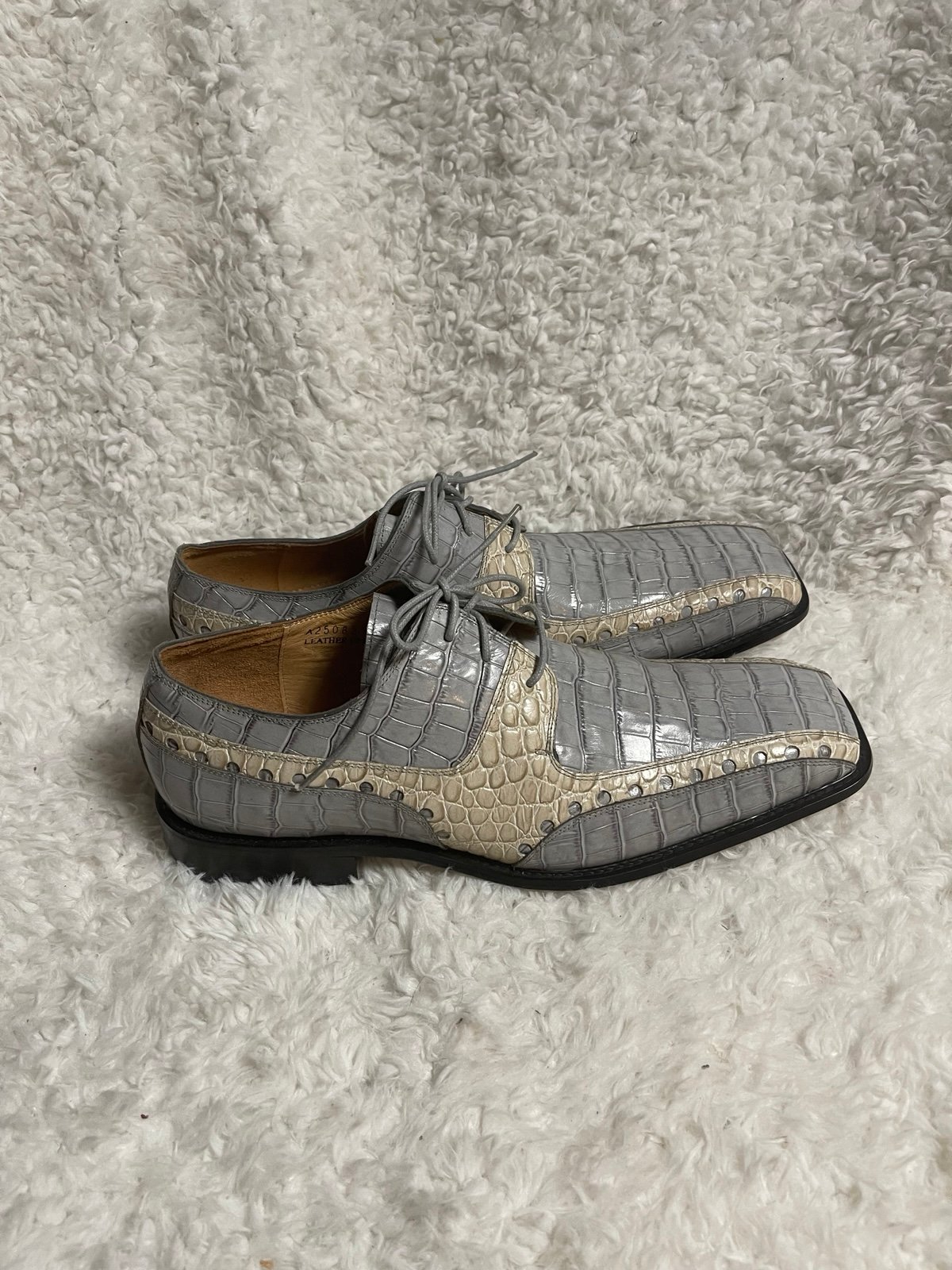 Moretti leather light gray and beige patent shoes square toe gently used SZ13. S