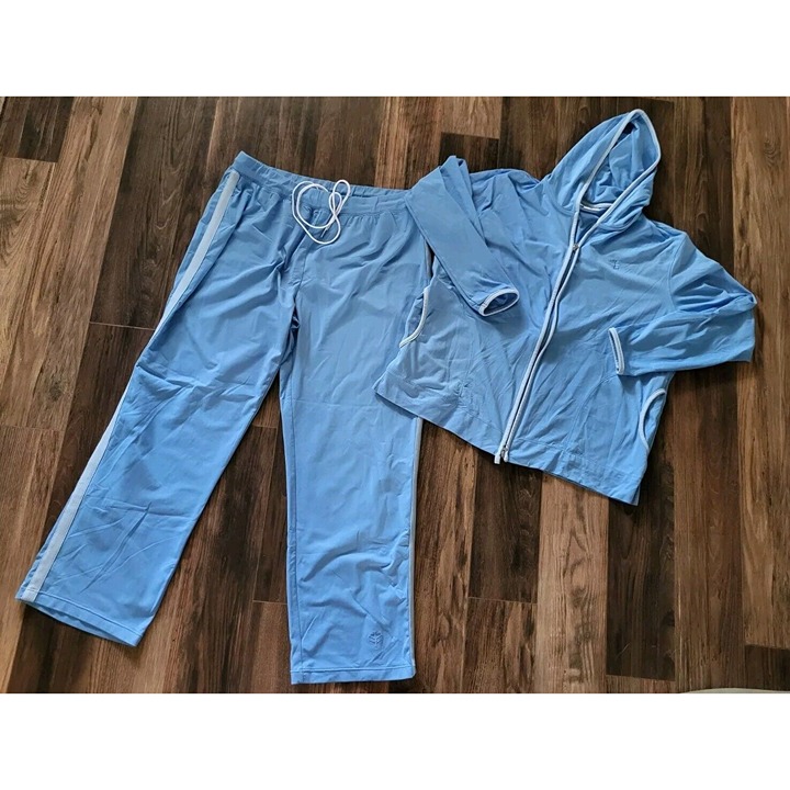 Coolibar Lt Blue UPF 50 2pc Activewear Pants And Zip Up Hooded Jacket Set Sz XL