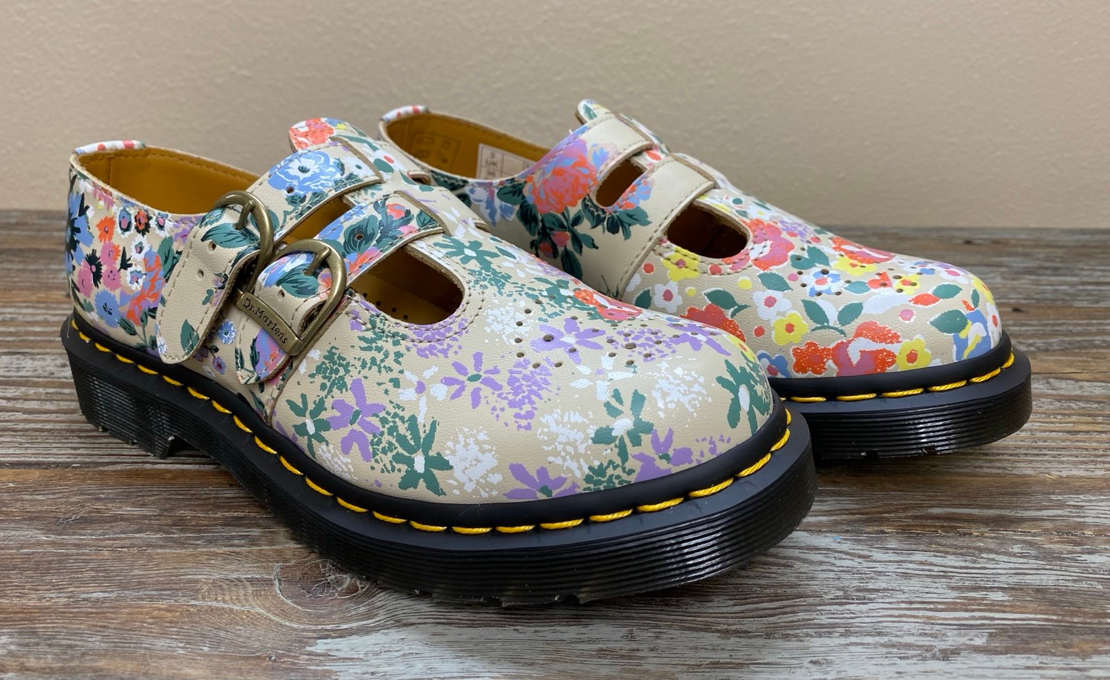 Dr. Martens 2 Strap Mary Janes Floral Mash Up Leather Parchment Beige Size 5