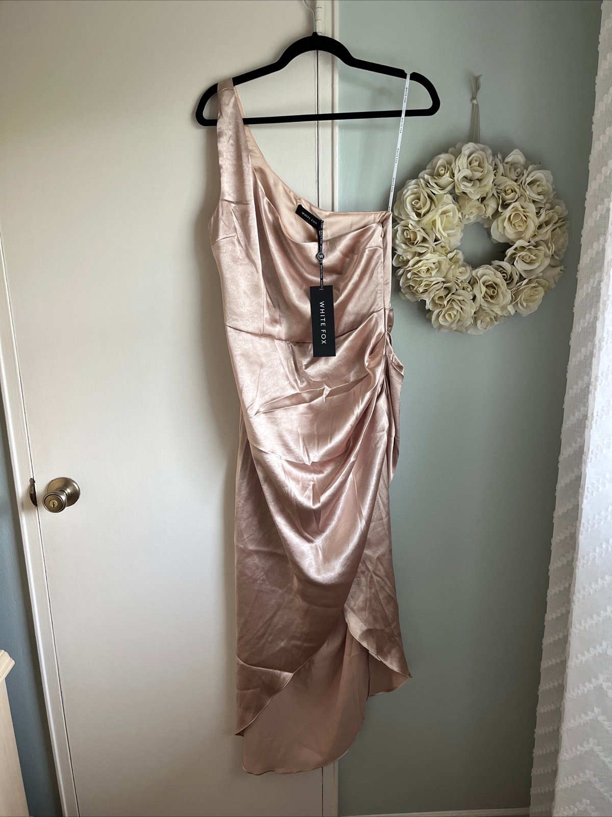 White Fox Size L Nude Satin One Shoulder High Low Dress New With Tags Tiny Flaw
