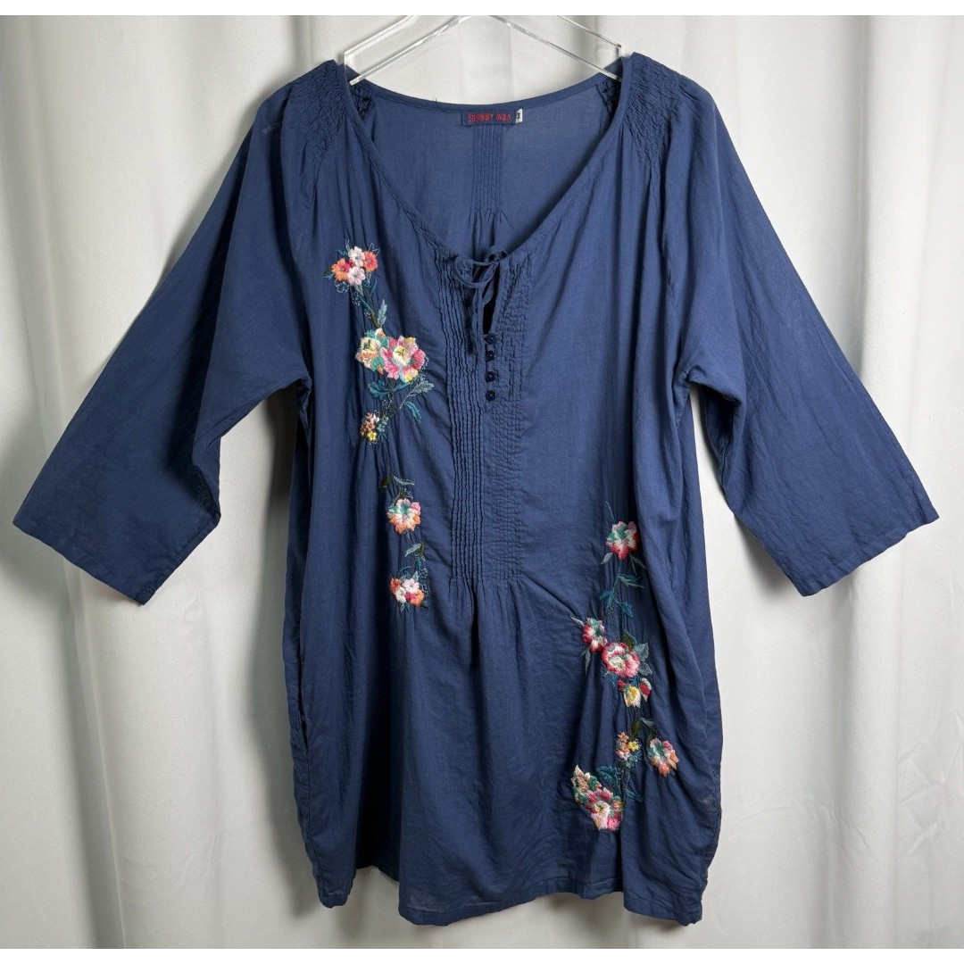 Johnny Was Blue Floral Peasant Style Tunic Lightweight Cotton Mini Dress Sz M