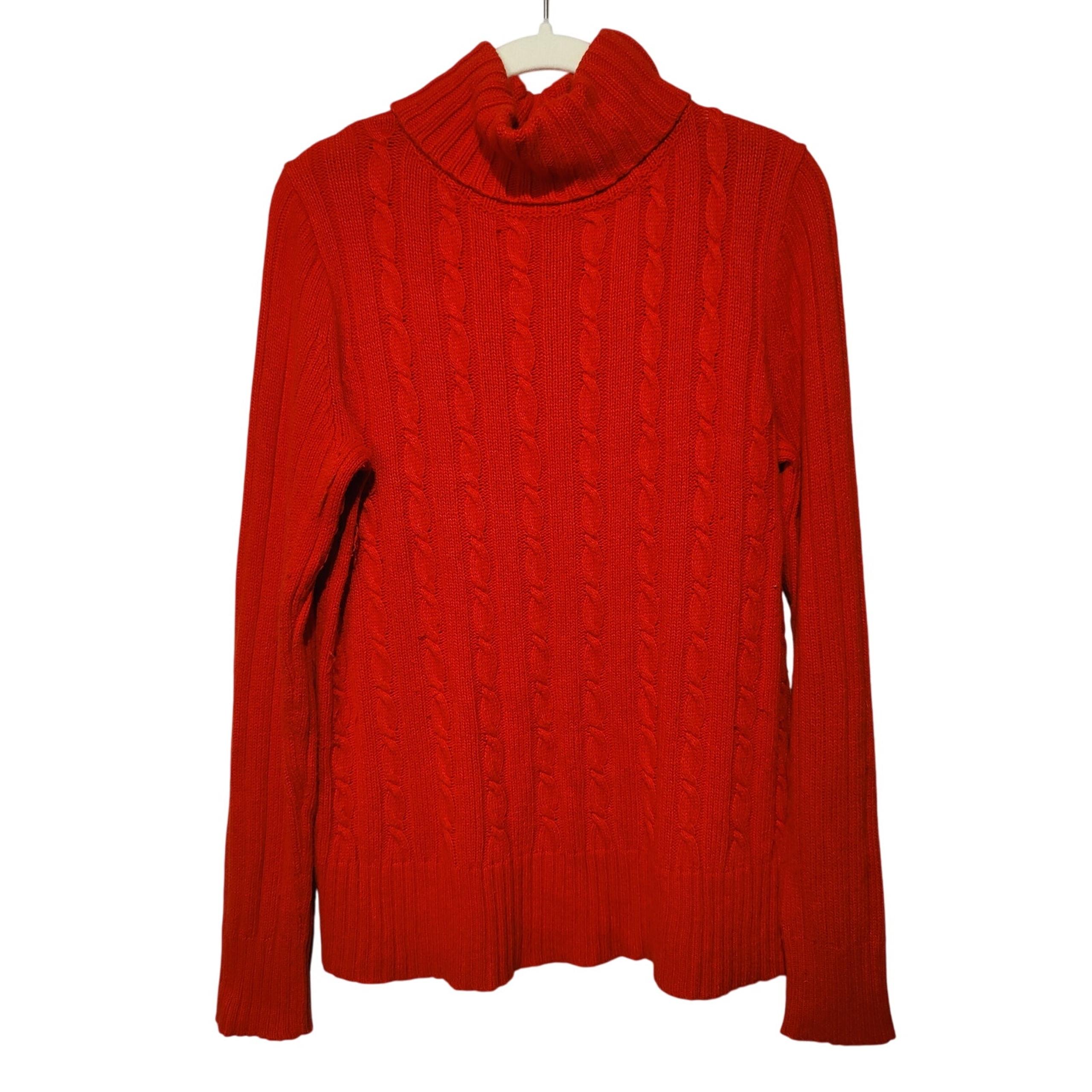 J Crew Womens Sz L Orange Red Cable Knit Turtle Neck Sweater Viscose Angora Wool