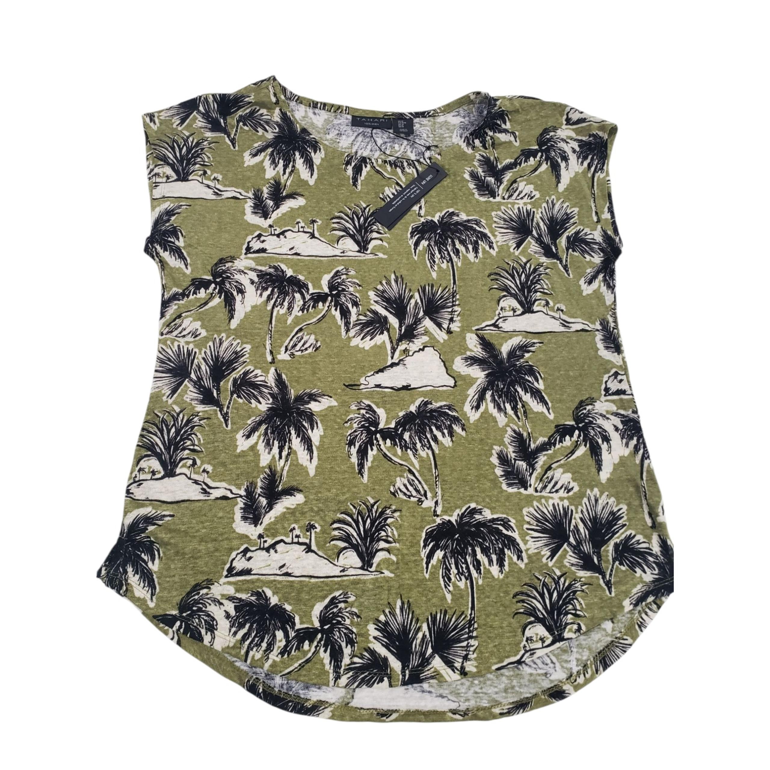 Tahari Cap Sleeve Linen Basic Top Womens M Green Black Round Neck Tropical Comfy