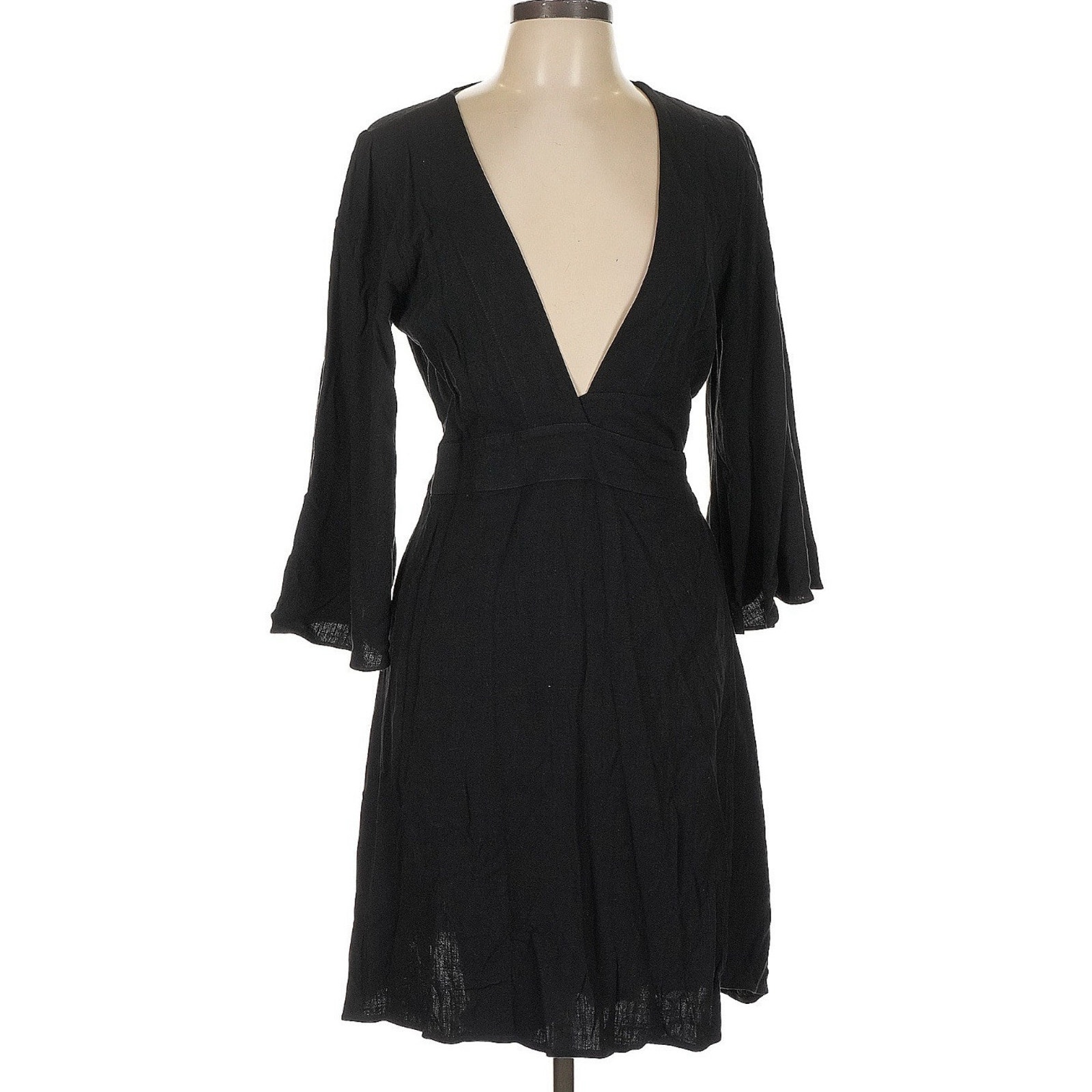 Traffic People Cocktail Plunge V-Neck Little Black Dress Linen Cotton Flowy Sz L