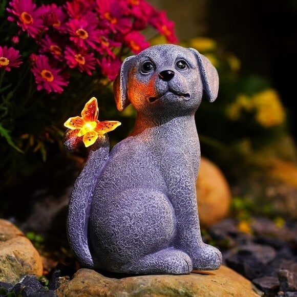 New Solar Dog Outdoor Statues for Garden: Decor with Butterfly for Yard Lawns