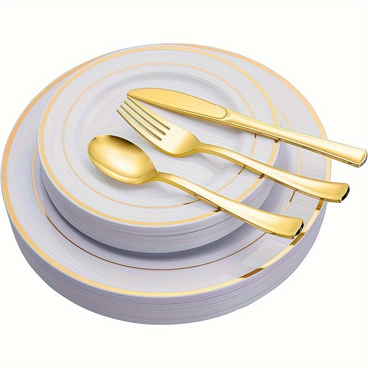 125PCS Golden Plastic Dinnerware Set-BH3S
