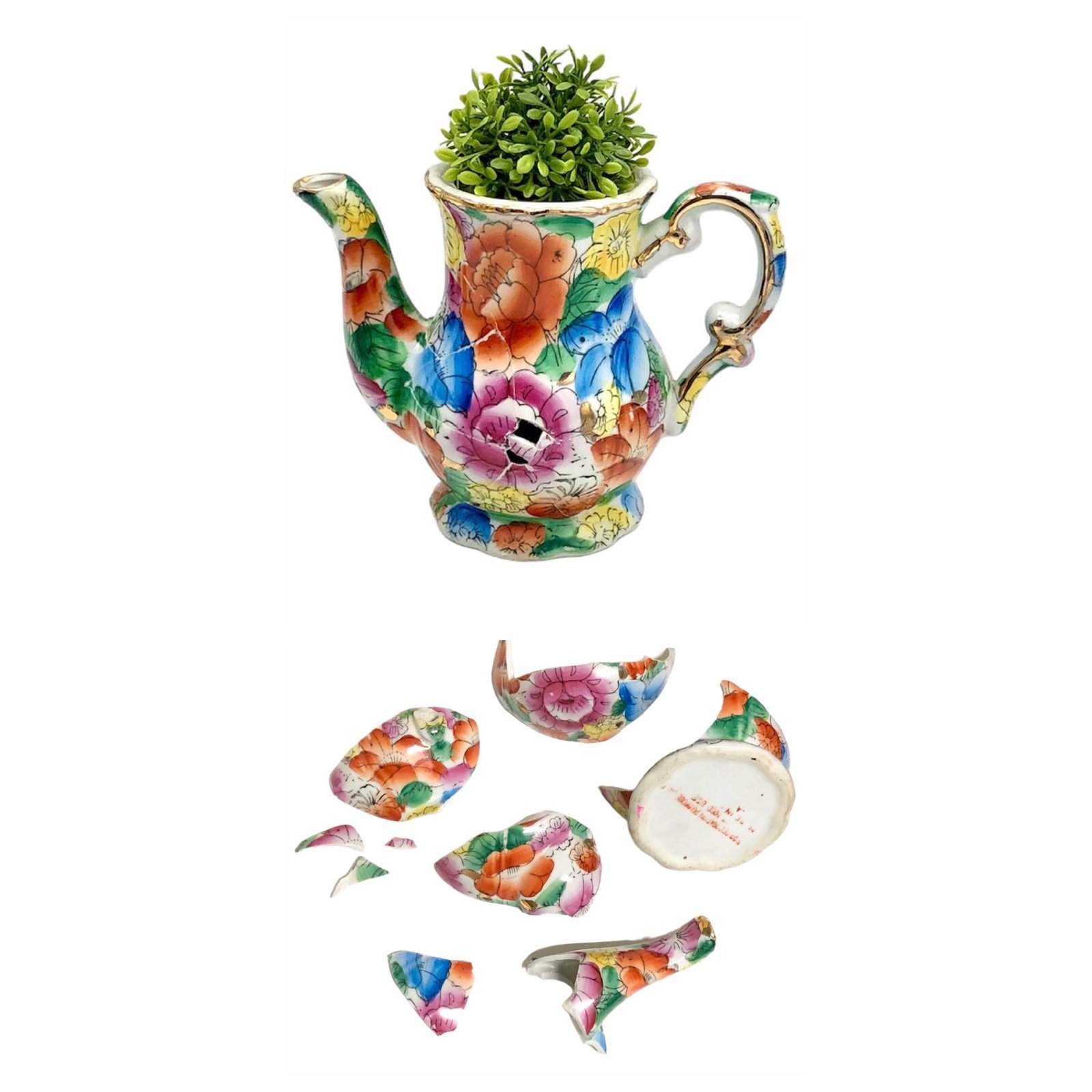 Coming Soon Kintsugi Teapot Vase Chinese Floral Porcelain Gold Crack Growth Gift