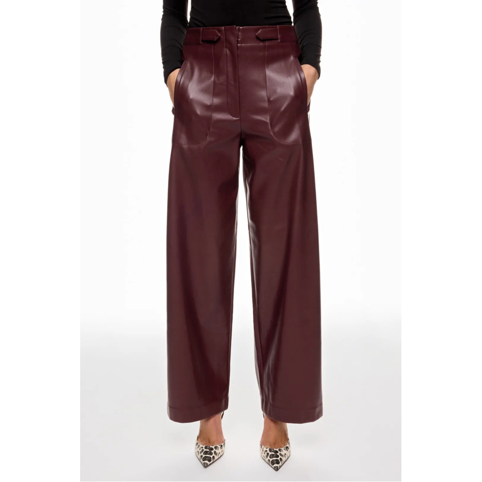 Ronny Kobo Burgundy Faux Leather Pants High Rise Wide Leg Vegan Sz 4