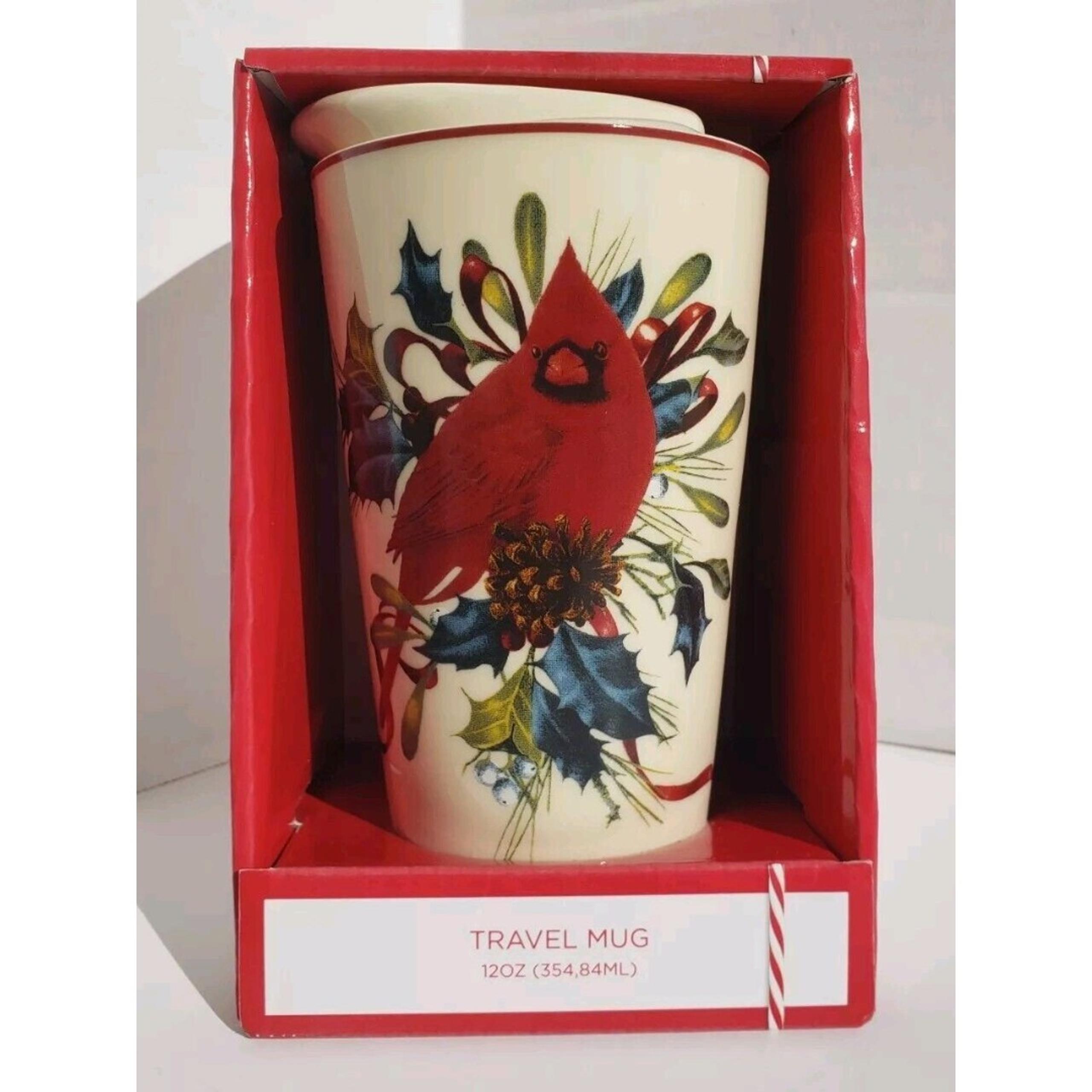Lenox Cardinal Porcelain Travel Mug w/ Lid Winter Greetings Discontinued