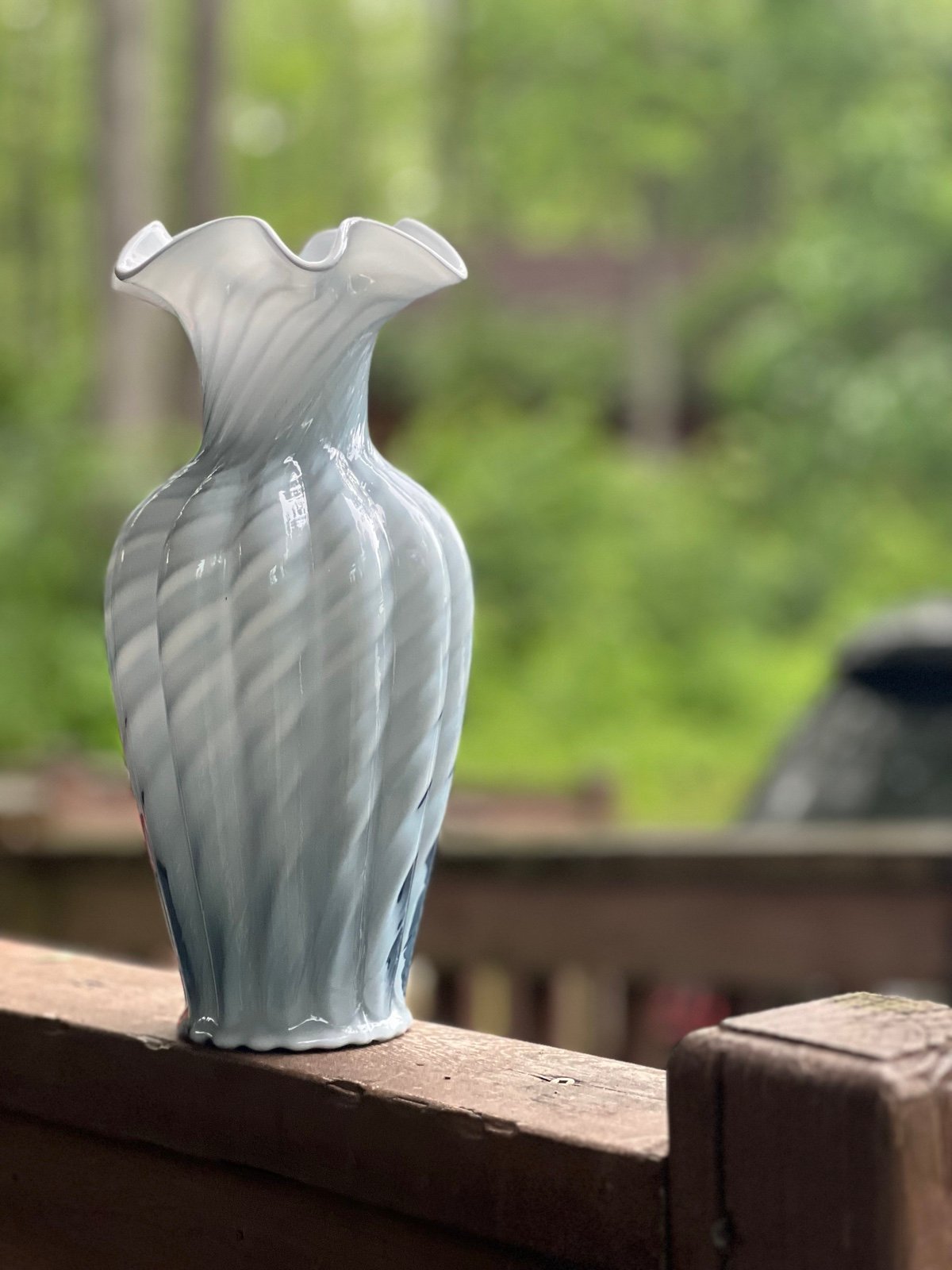 Fenton Art Glass Vase light Blue & White Swirl Spiral 11”
