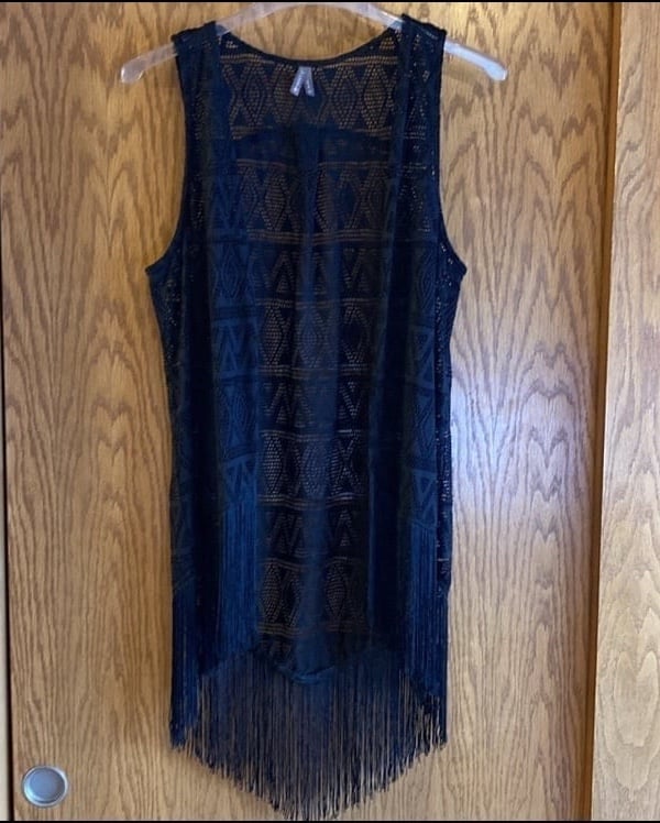 NEW! Vanity Fringed Sm Lacy Boho Crocheted Tribal Patterned Long Open Vest