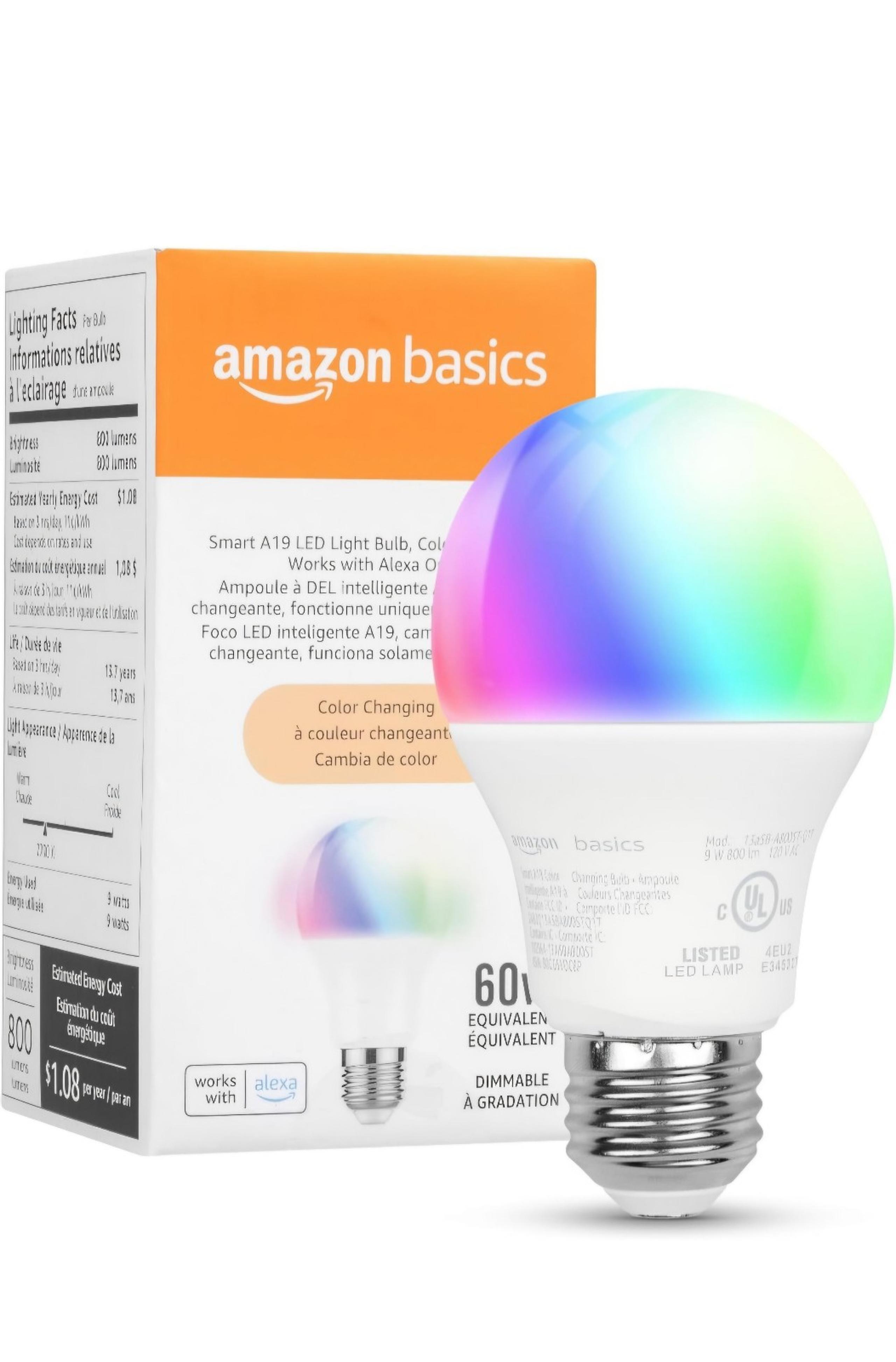 Amazon Basics Smart A19 LED Light Bulb, Color Changing, 9W (60W Equivalent)